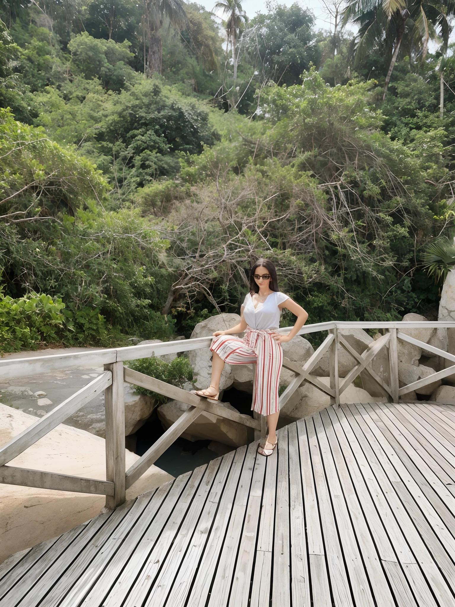Arakfi sits on a wooden bridge,Admire the beauty of the forest, connected with hanging bridge!!, standing on a bridge, suspended bridge!!, At the bridge, in front of a forest background, in front of an amazing forest, in a jungle environment, jungles in the background, Watercolor caricature