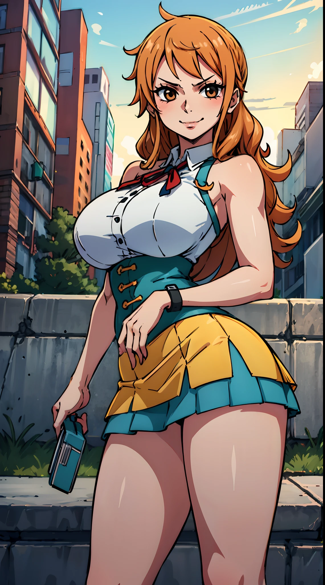 (best quality:1.3), nami, busty, seductive, sexy, curvy body,  ((mini skirt)), ((city)),