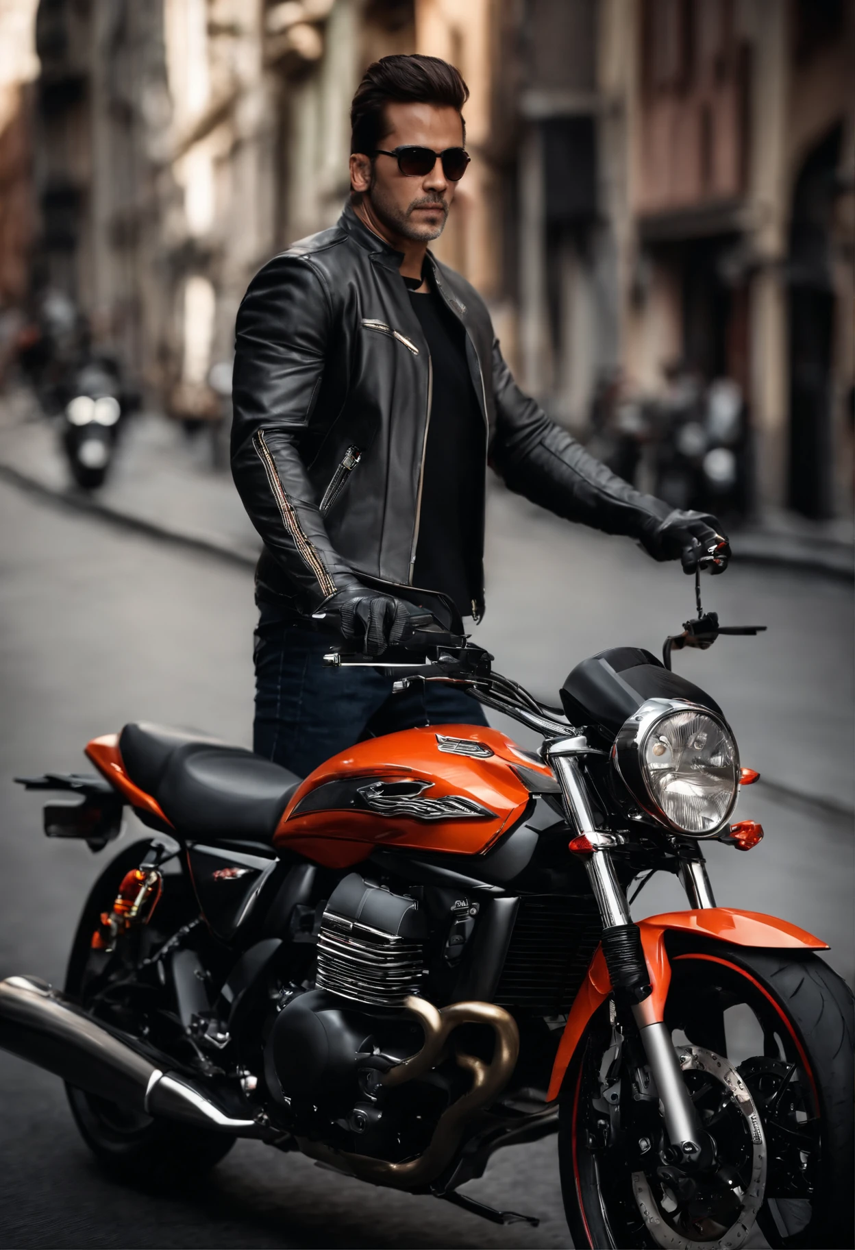 (8k, extremely high quality, master part: 1.2), ultra detalhe, extremely high quality, Ultra high resolution, professional lighting, A man of average height in a black biker jacket with red chest and side details, capacete de cor cinza com a viseira preta fosco,em cima de uma moto da Kawasaki modelo ER6N, predominantly orange in color and the tail of the black motorcycle taking a ride through a big city full of buildings but with little traffic