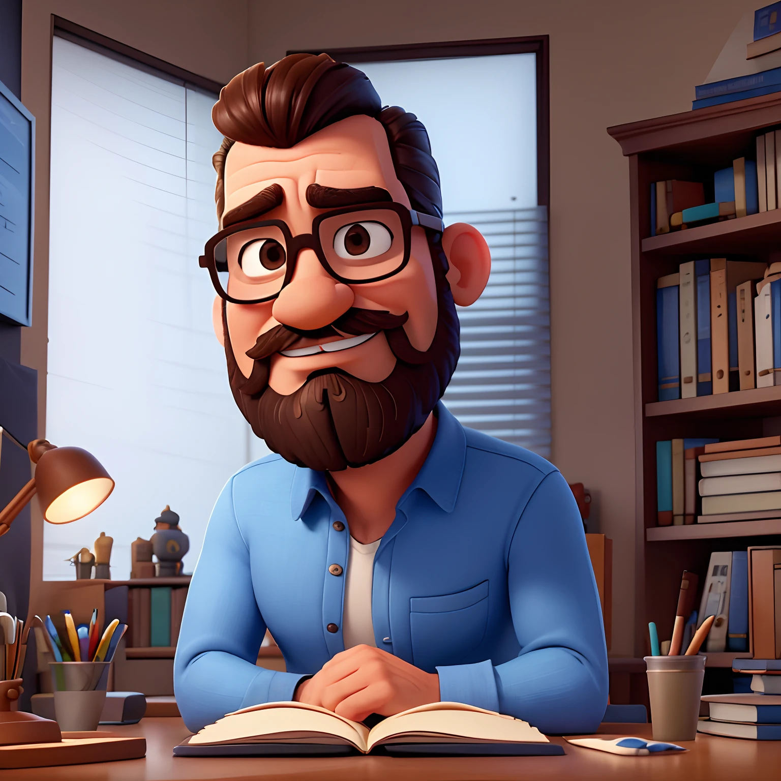 Homem, inspirado na Disney Pixar, Inspirado pelo pastor ( Rubens Janeiro ) Um homem de cabelos pretos, barba fechada e bigode, Wearing medium square glasses with a frame with a midbeam, In an office with books on the desk looking to the serious future, homem, cabelos pretos, um terno