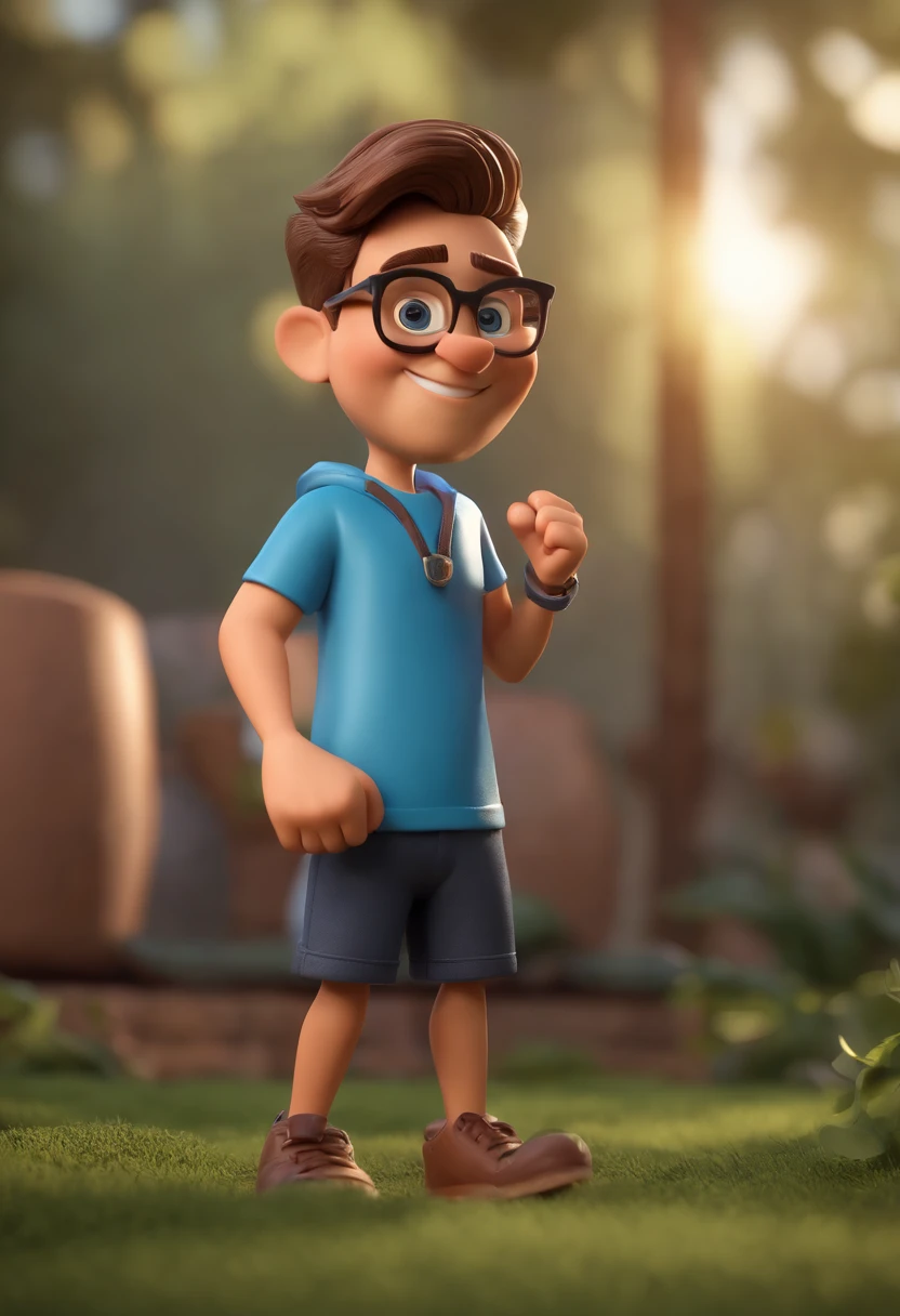 Cartoon character of a man wearing black glasses and a blue shirt, um personagem animado, Caractere estilizado, animation style rendering, 3D estilizado, Arnold Maya render, 3 d render stylized, toon render keyshot, Personagem 3D, Personagem 3D, 3d rendering stylized, 3 d character render, personagem de desenho animado, Personagem de close up, Pose de personagem, (Estilo Pixar) (master part:1.2) (Bokeh) (best quality) (pele detalhada) (textura detalhada) (8k) (argila) (Cinematic lighting) (foco nítido,Senta e vaza a parte superior do corpo