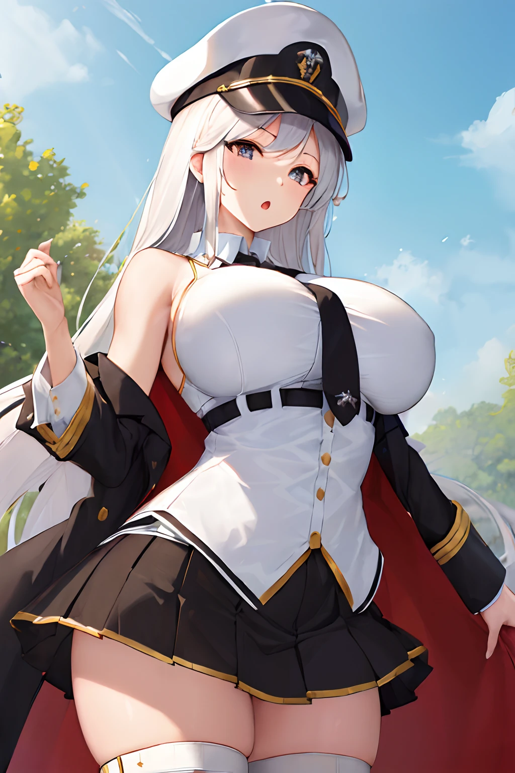 masterpiece, best quality, highres, aaenter, long hair, hat, white headwear, large breasts, black necktie, sleeveless shirt, white shirt, off shoulder, black coat, open coat, belt, pleated skirt, black skirt, black thighhighs, cowboy shot, standing, outdoors, (Beautiful,large_Breasts:1.8), big breasts, large breasts, (big breasts:1.5), caderas anchas,  (manos perfectas, Perfect anatomy), 8k, muslos anchos, :o