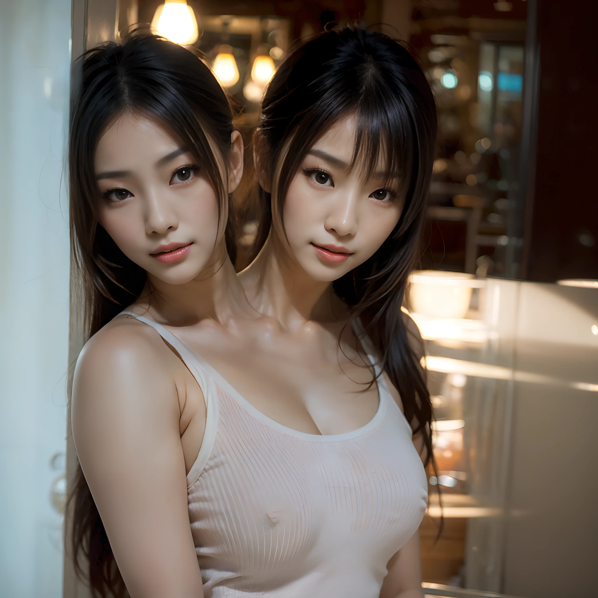 best resolution, half-body shot, 2heads, asian woman kissing woman , different hairstyles,tanktop,indoor background