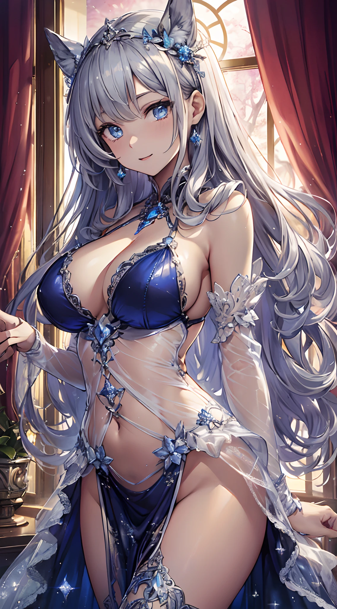 top-quality、Top image quality、tmasterpiece、8kK、Girl vs((Sixteen years old、Best bust、Medium bust、Enchanted、Seductive posture、Leigh's sapphire eyes、Breasts wide open,Slightly curly silver hair、big bast、slenderness、Great Valley、Silver bikini、Wearing a white sheer multi-layered dress,Reflectors))highest quality、beautiful art、Background with((luxury hotel、Night view windows)))masutepiece、visual art、depth of fields、Diamonds adorn clothes,glitters,full bodyesbian