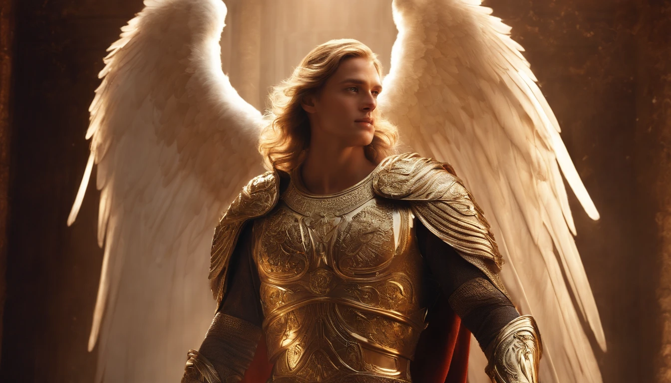 male character, The archangel Michael, Celestial image, intricate details, realistic, CRYSTAL and large wings, celestial background, Catholic illustrative image of the archangel Michael, Male character from the Bible, Michael is wearing his angelic armor, Maximum details and his face is STRONG and angelic wings, Perfect and realistic skin, Maximum image quality, Miguel stands out in the image with strong and attractive colors.