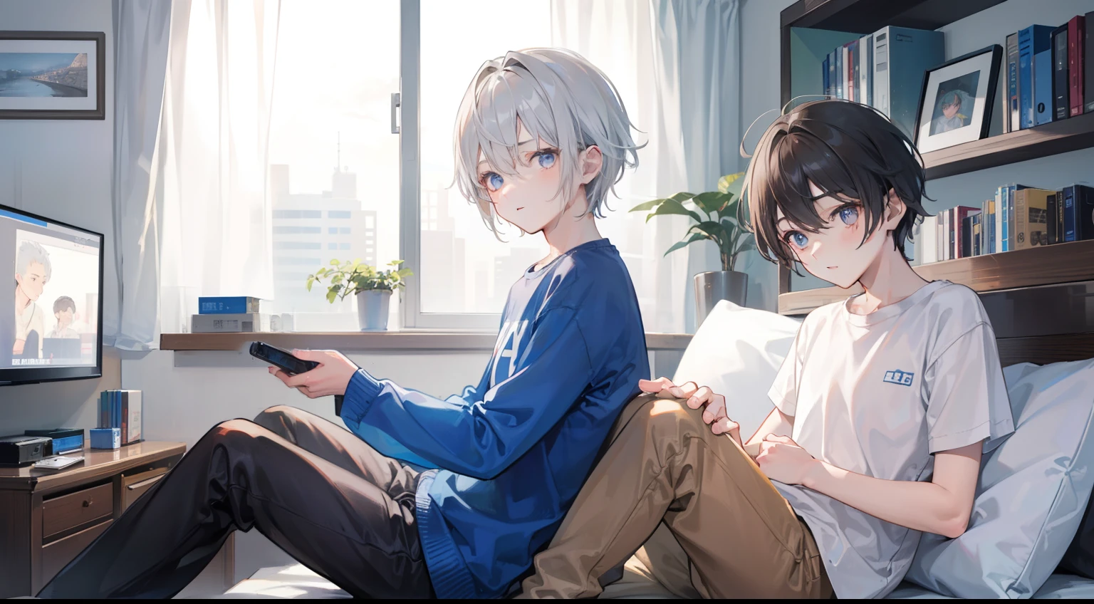 Two , Silver-haired boy and brown-haired boy,Boy's room、Watching TV、Boys Love、Talking、hight resolution、ultra-detailliert