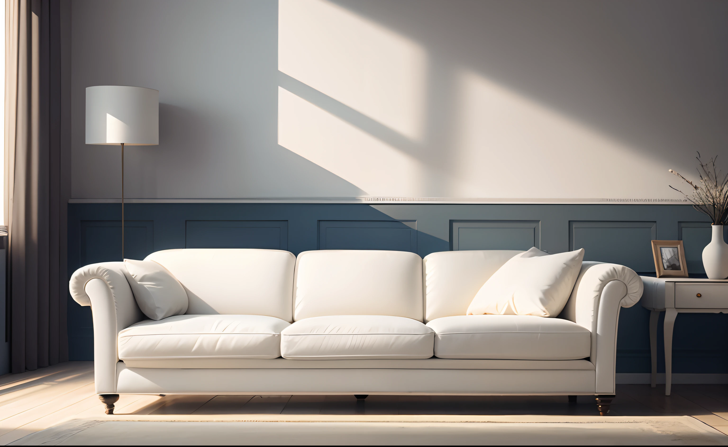 Real-world scenarios，White European furniture，A very long sofa，Warm background，frontage，Take photos up close