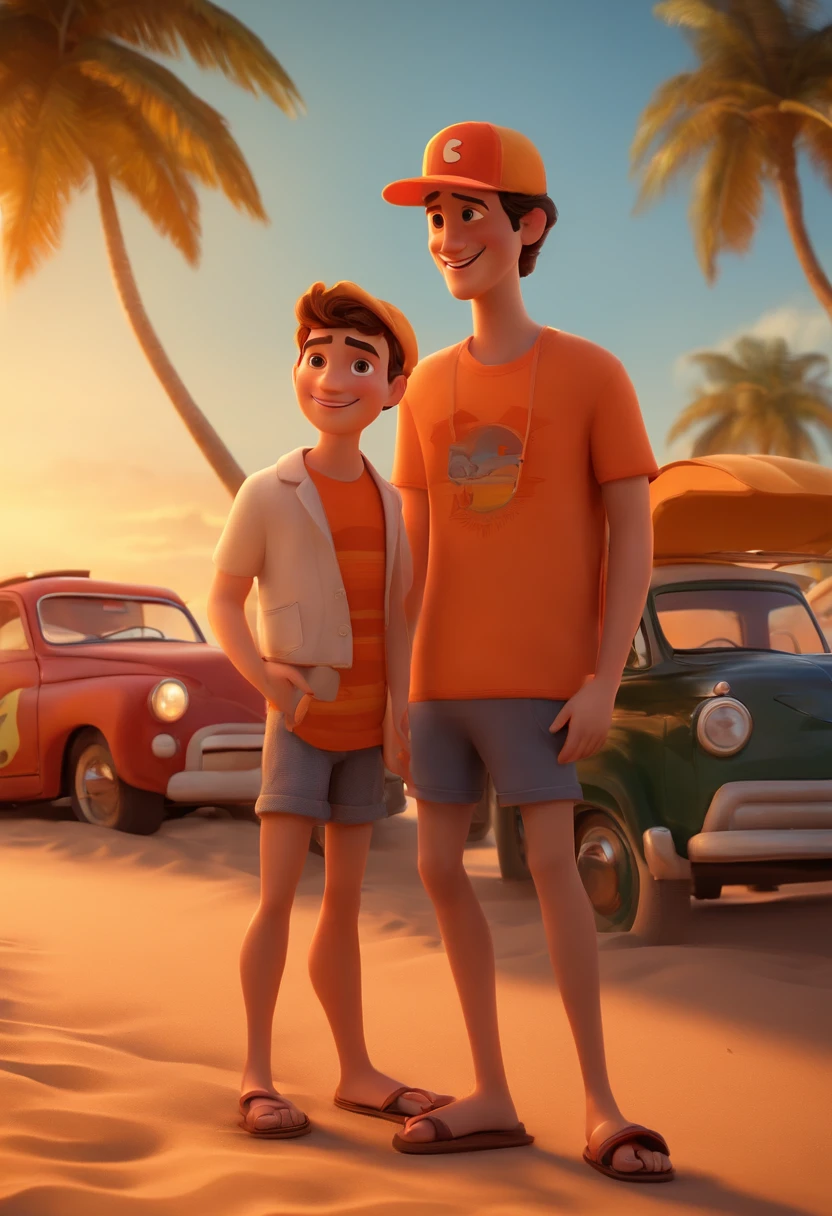 Estilo Pixar 3D, A 23-year-old young man, tall and thin, fair skinned, wearing a black and orange shirt and cap, wearing shorts and sandals, smiling, and behind him at sunset, on the beach, with several vintage vehicles on display
