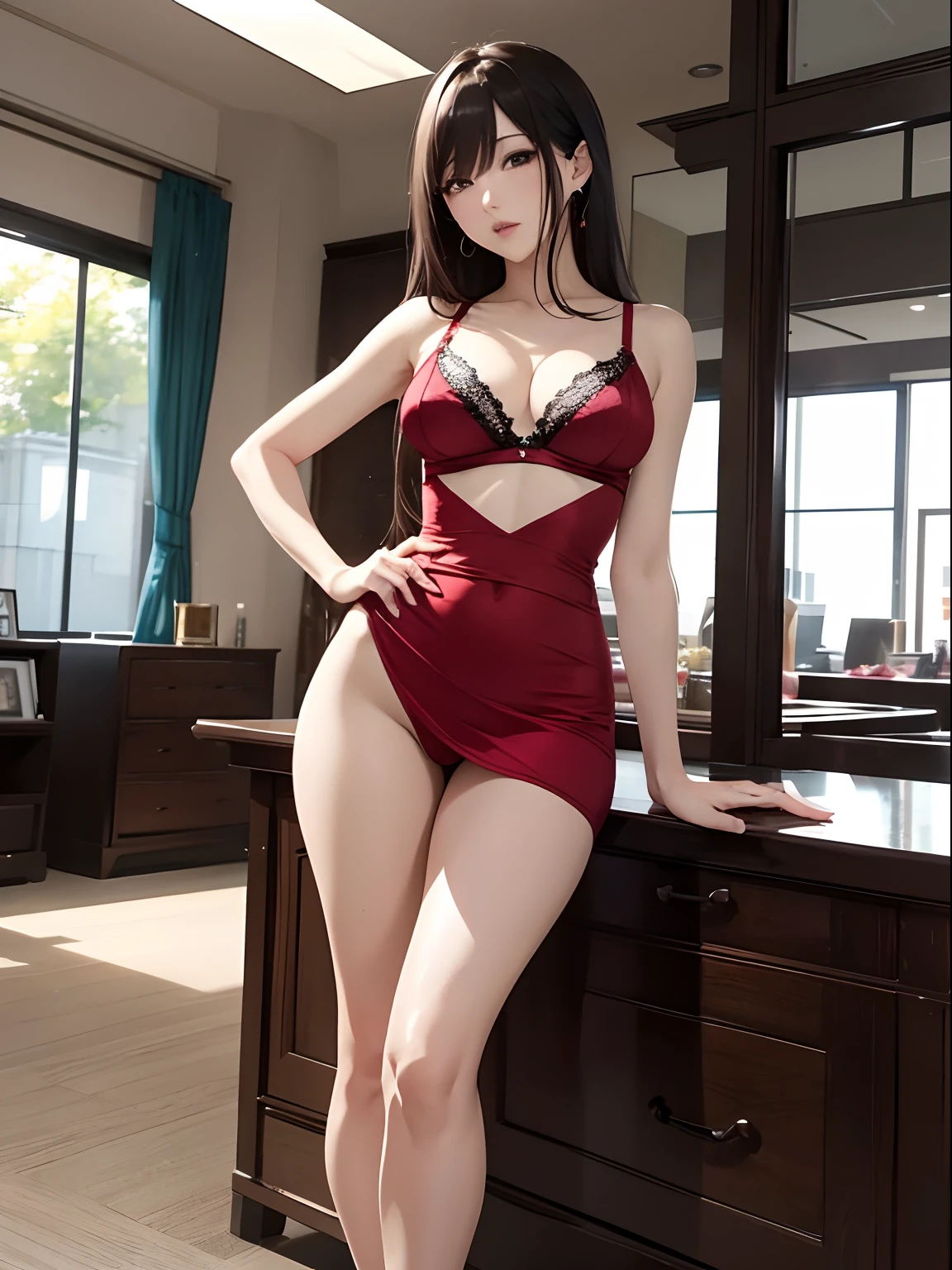 masutepiece、Ultra-high definition animation quality、8K、department store、Window Shopping、Female, 48 years old、Female, 53 years old、２Person、beautiful mature women、beautiful countenance、seductiv、A sexy、Tight red clothes、Ultra mini skirt、Raw legs、Exposed、Sheer Bra、high-heels、Standing、Perfect limbs、half-opened mouth、