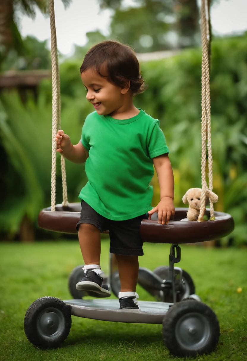 MENINO DE 5 ANOS, PELE BRANCA, CABELOS ONDULADOS CURTO NA COR CASTANHO, OLHOS ARREDONDADOS CASTANHOS, HE IS WEARING A GREEN BLOUSE AND BLACK DENIM SHORTS. HE'S SMILING AND PLAYING WITH A RED STROLLER. THE BOY IS IN THE BACKYARD OF YOUR HOUSE, AO FUNDO VEMOS UMA GRAMA VERDE, A TREE AND A SWING AND A FEW MORE TOYS SCATTERED AROUND.