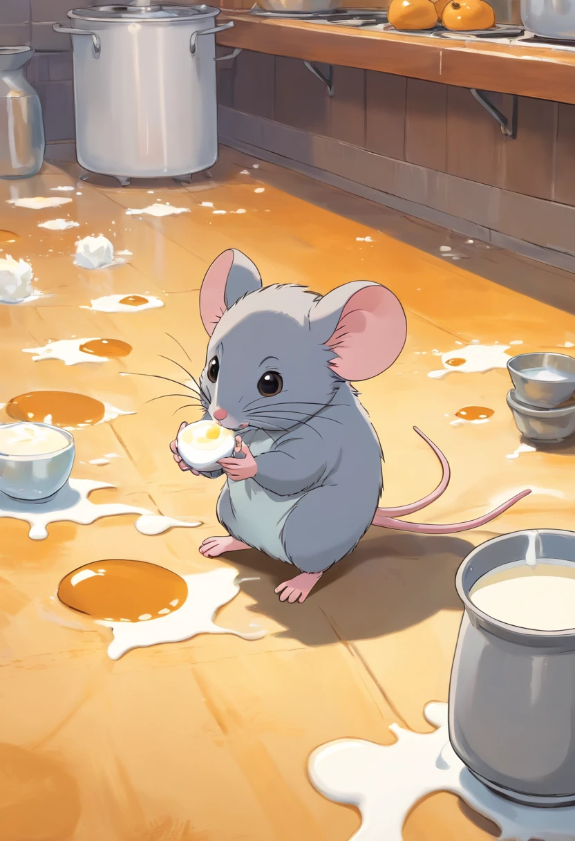 A cute grey mouse spilled milk,Knocked to the ground,It looked guilty,The background is the kitchen,Warm,The color is bright,