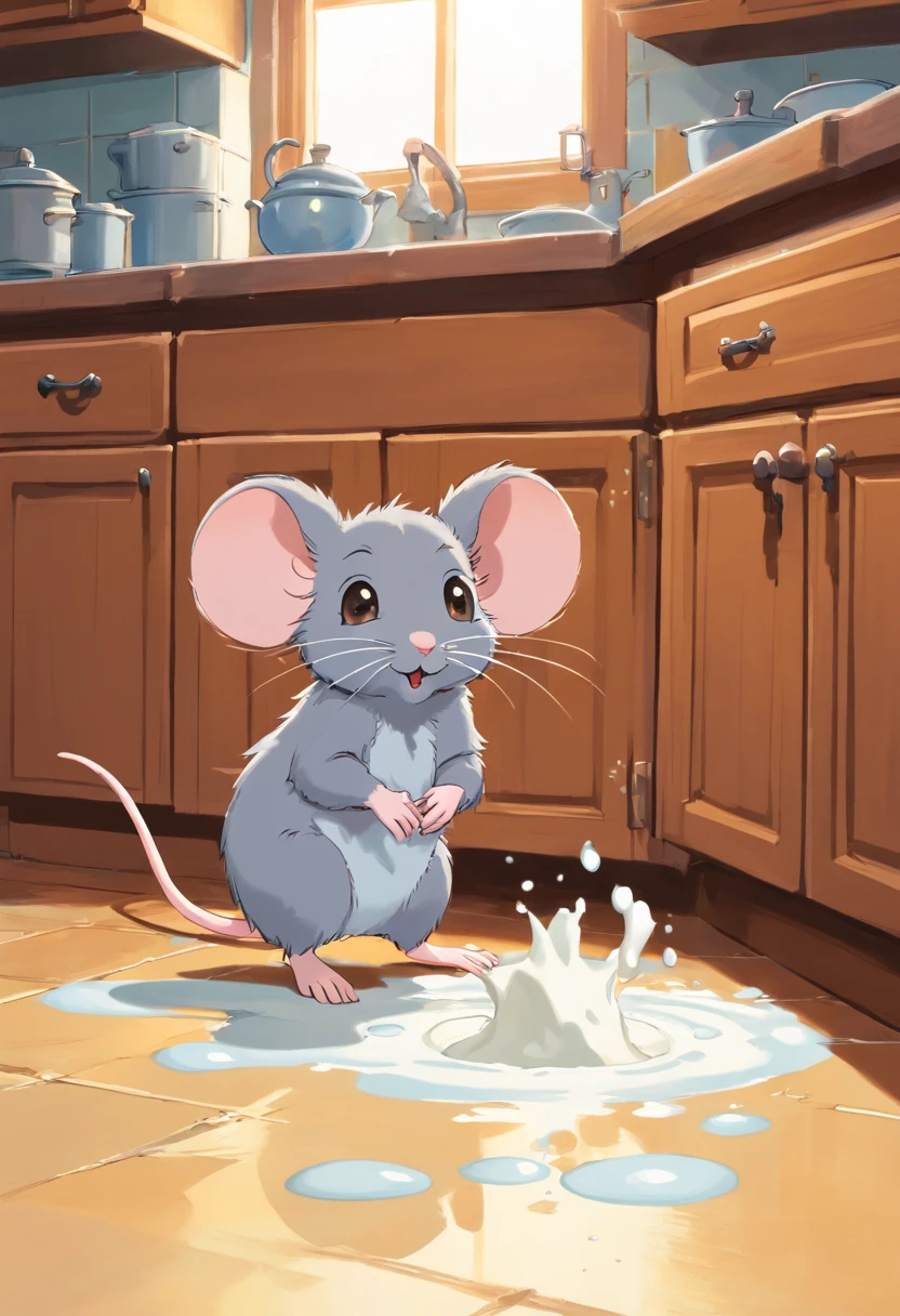 A cute grey baby mouse spilled milk,Knocked to the ground,It looked guilty,The background is the kitchen,Warm,The color is bright,