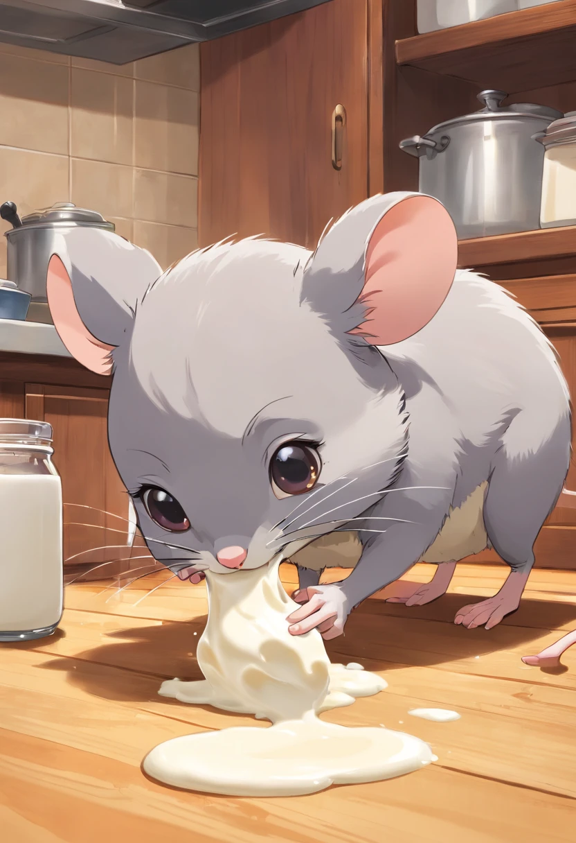 A cute grey baby mouse spilled milk,Knocked to the ground,It looked guilty,The background is the kitchen,Warm,The color is bright,