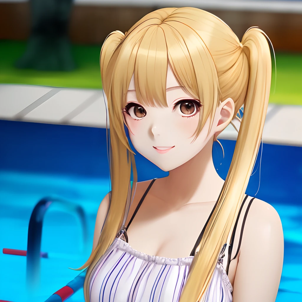 8k, realistc, anime girl, blonde hair, twin tail, pool