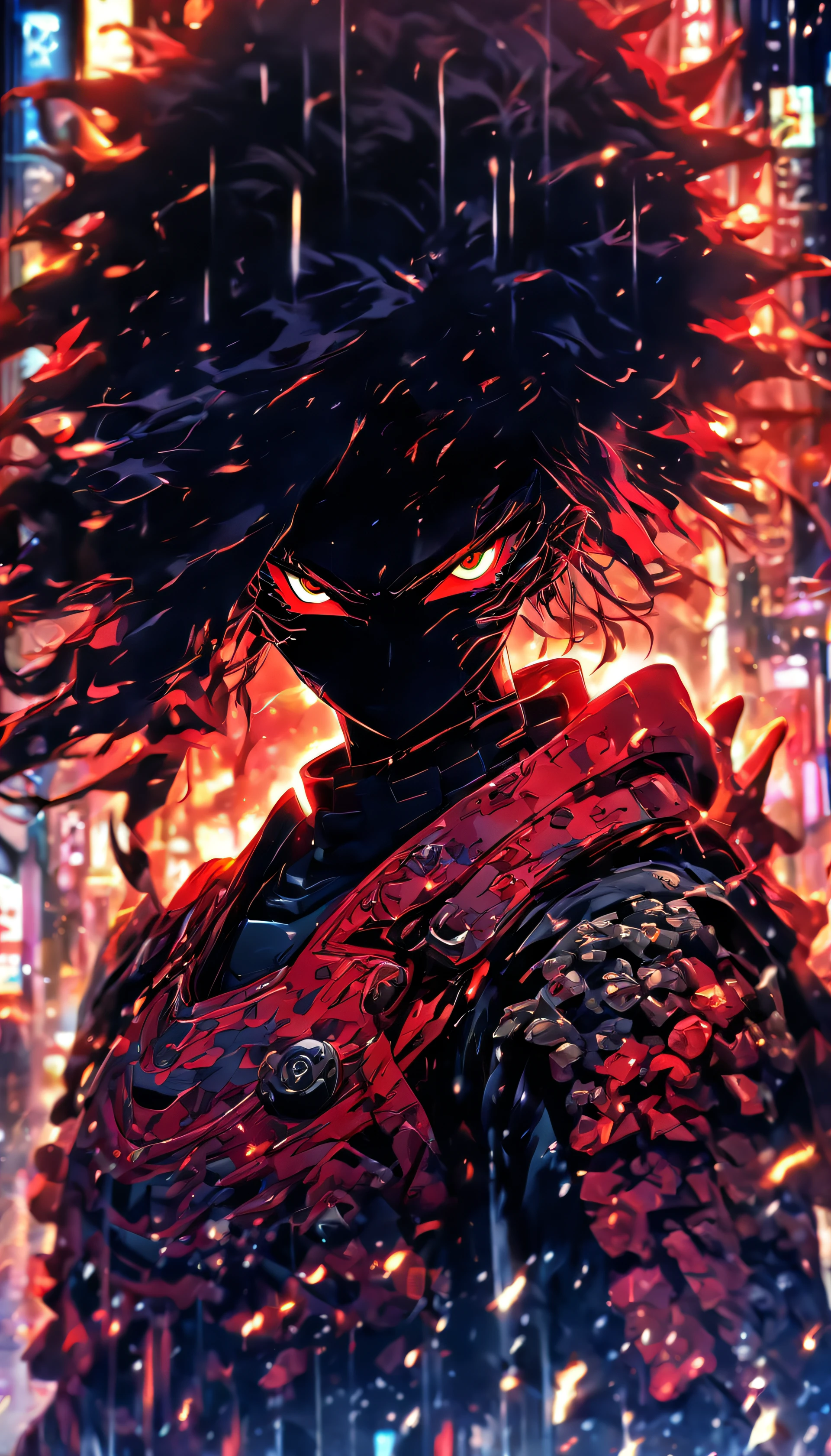1 Japanese girl, battle armor, Intricate pattern, heavy metal, Energy lines, Faceless, Glowing eyes, elegant, Intense, blood red and black uniform, Solo, modern, City, Streets, Dark clouds, thunderstorm, heavy rain,, Dramatic lighting,, (Masterpiece:1.2), Best quality, high resolution, Beautiful detailed, Extremely detailed, Perfect lighting,