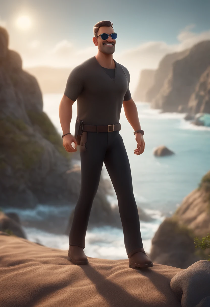 Cartoon character of a man with sunglasses and a black shirt, barba, escalando uma montanha, acenando, com uma paisagem de fundo, com a praia ao longe, animation character, Caractere estilizado, animation style rendering, 3D estilizado, Arnold Maya render, 3 d render stylized, toon render keyshot, Personagem 3D, Personagem 3D, 3d rendering stylized, 3 d character render, personagem de desenho animado, Personagem de close up, Pose de personagem,  (Estilo Pixar) (master part:1.2) (Bokeh) (best quality) (pele detalhada) (textura detalhada) (8k) (argila) (Cinematic lighting) (foco nítido