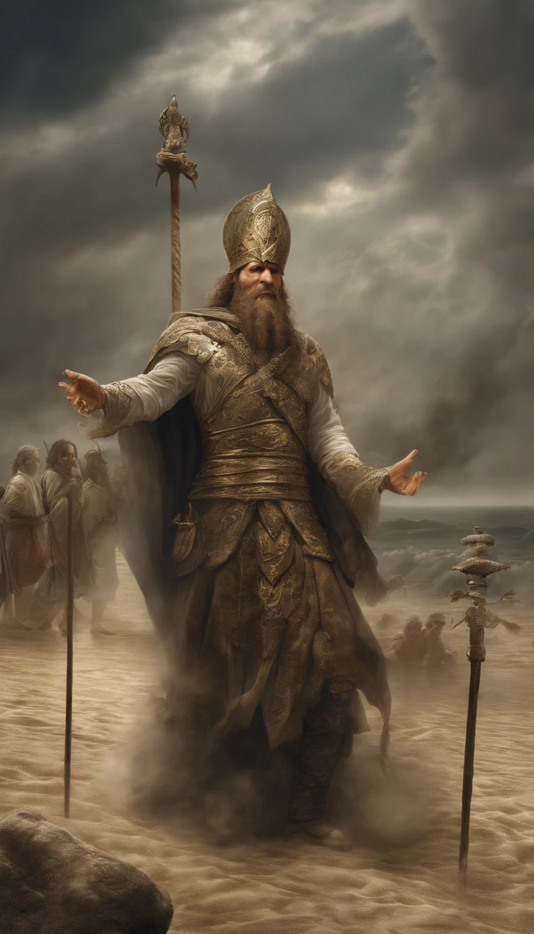 In an ancient scenario, a leader with a staff miraculously opens a dry path in the middle of an immense sea to allow a great people to cross safely. This supernatural event is witnessed with awe and faith by the crowd, marking an iconic moment in the history and belief of the people.