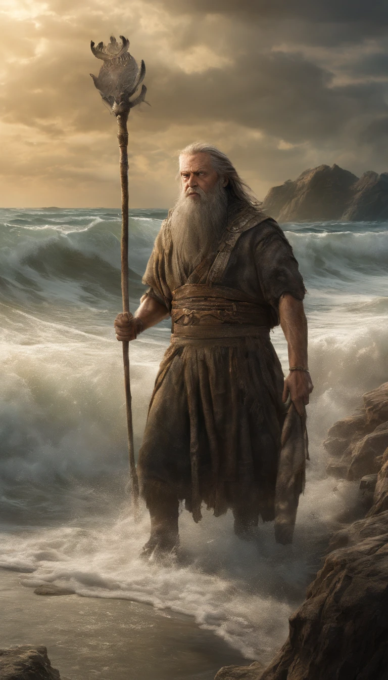 In an ancient scenario, a leader with a staff miraculously opens a dry path in the middle of an immense sea to allow a great people to cross safely. This supernatural event is witnessed with awe and faith by the crowd, marking an iconic moment in the history and belief of the people.