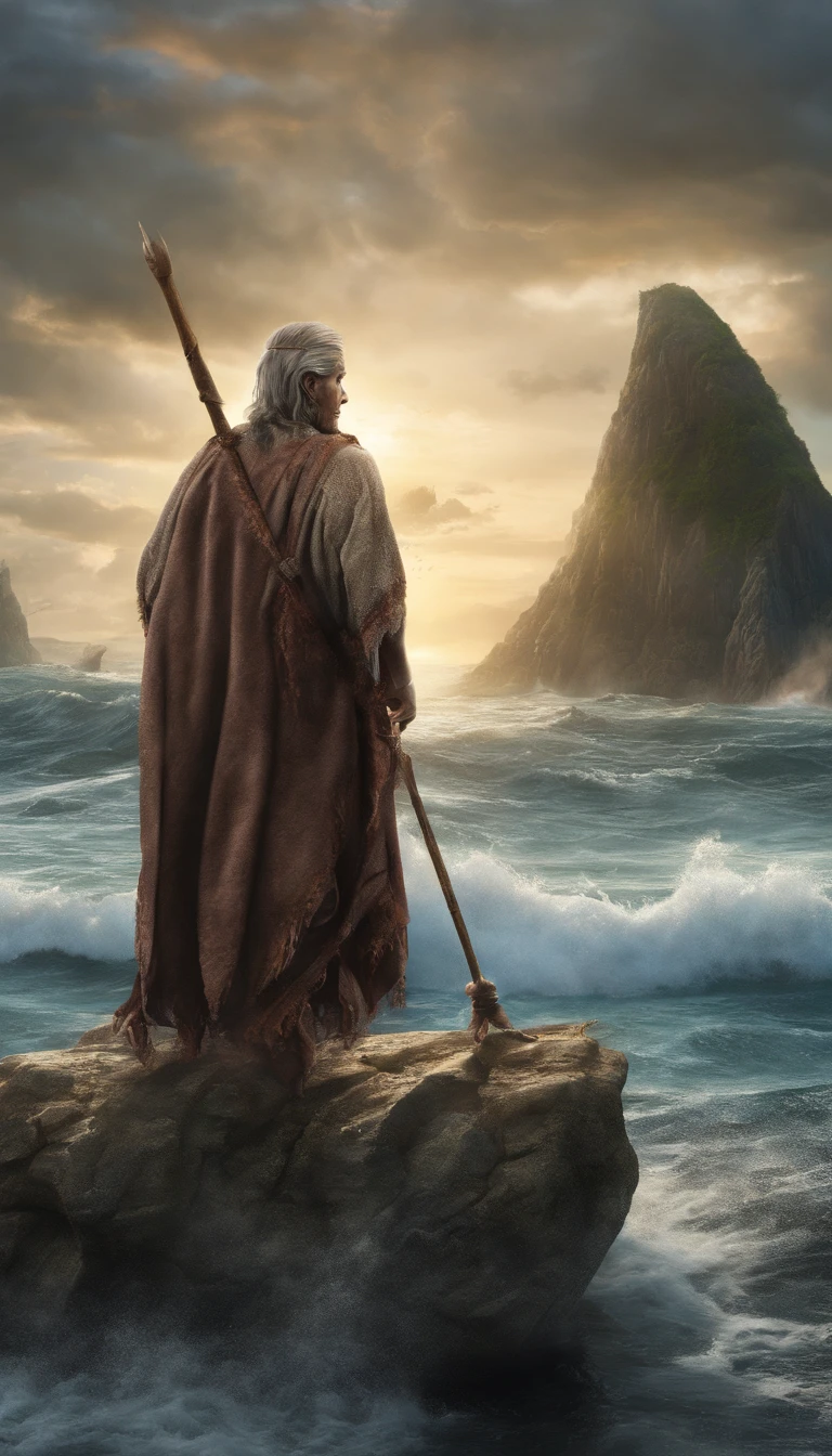 In an ancient scenario, a leader with a staff miraculously opens a dry path in the middle of an immense sea to allow a great people to cross safely. This supernatural event is witnessed with awe and faith by the crowd, marking an iconic moment in the history and belief of the people.