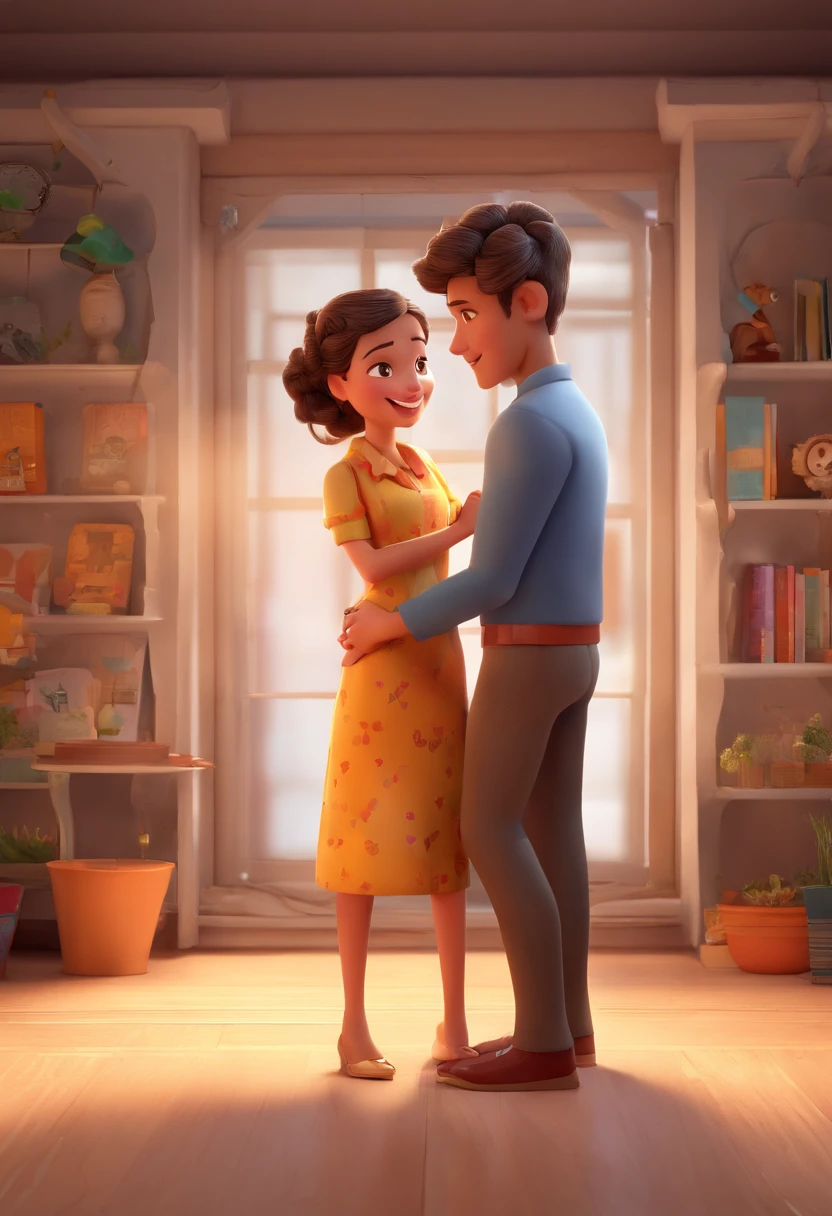 An illustration of an adorable couple, destacando um homem e uma mulher com bonito, Expressive eyes – the man's skin is black and the man's hair is bald and black, while the woman's skin is black and the woman's hair is curly and brown. They are a bright room, cada um com um sorriso no rosto, e compartilhar um momento especial caracterizado pelo amor, arroz, e insights educacionais. Illustrate this scene from a perspective where they are facing away from the camera, Showing Your Connection. Desenvolva esta arte em Full HD, Focus on your cinematic touch, Estilo Disney Pixar Animations