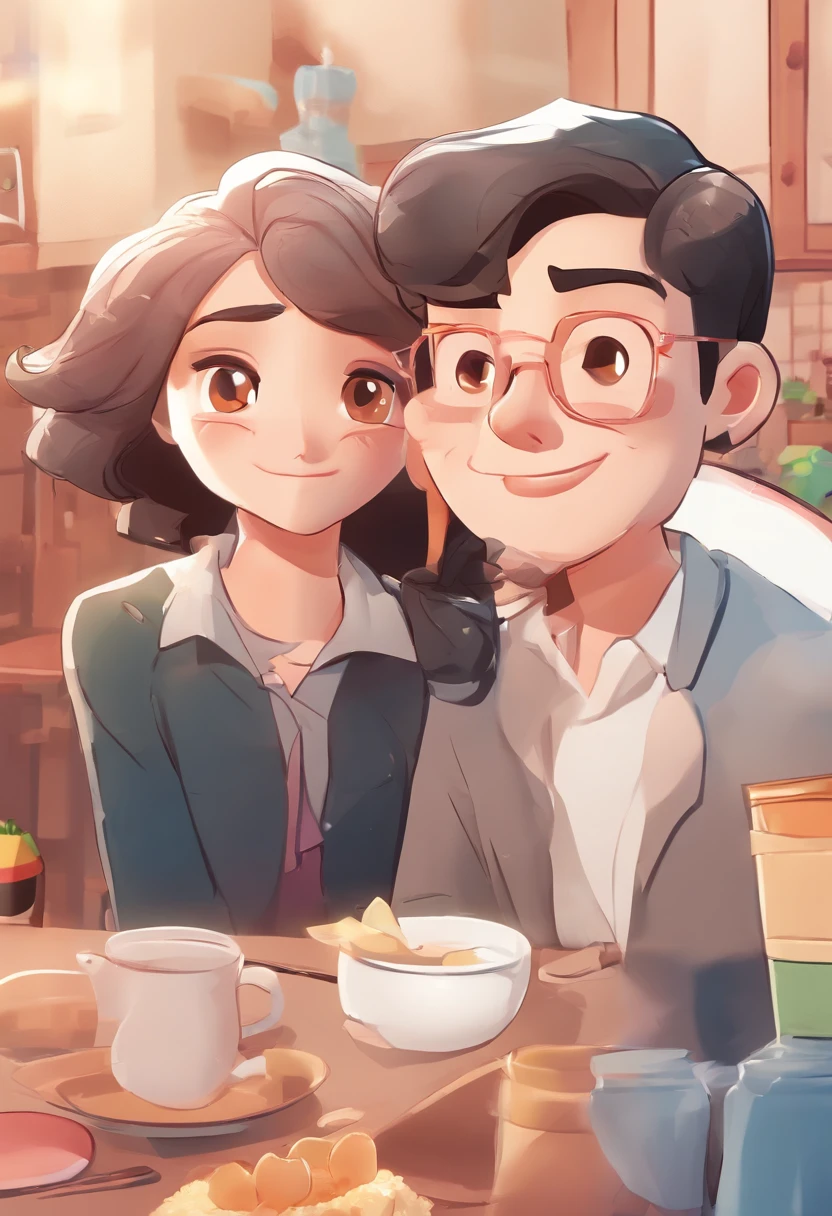 An illustration of an adorable couple, destacando um homem e uma mulher com bonito, Expressive eyes – the man's skin is black and the man's hair is bald and black, while the woman's skin is black and the woman's hair is curly and brown. They are a bright room, cada um com um sorriso no rosto, e compartilhar um momento especial caracterizado pelo amor, arroz, e insights educacionais. Illustrate this scene from a perspective where they are facing away from the camera, Showing Your Connection. Desenvolva esta arte em Full HD, Focus on your cinematic touch, Estilo Disney Pixar Animations