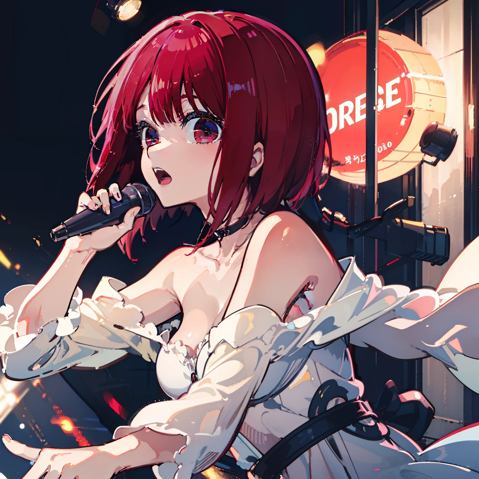 masutepiece, Fine detail, Illustration, 4K, 8K, 12K, Solo, One Person, Beautiful Girl, caucasian female, Kana Arima, Red hair, Short hair, Singing, On stage