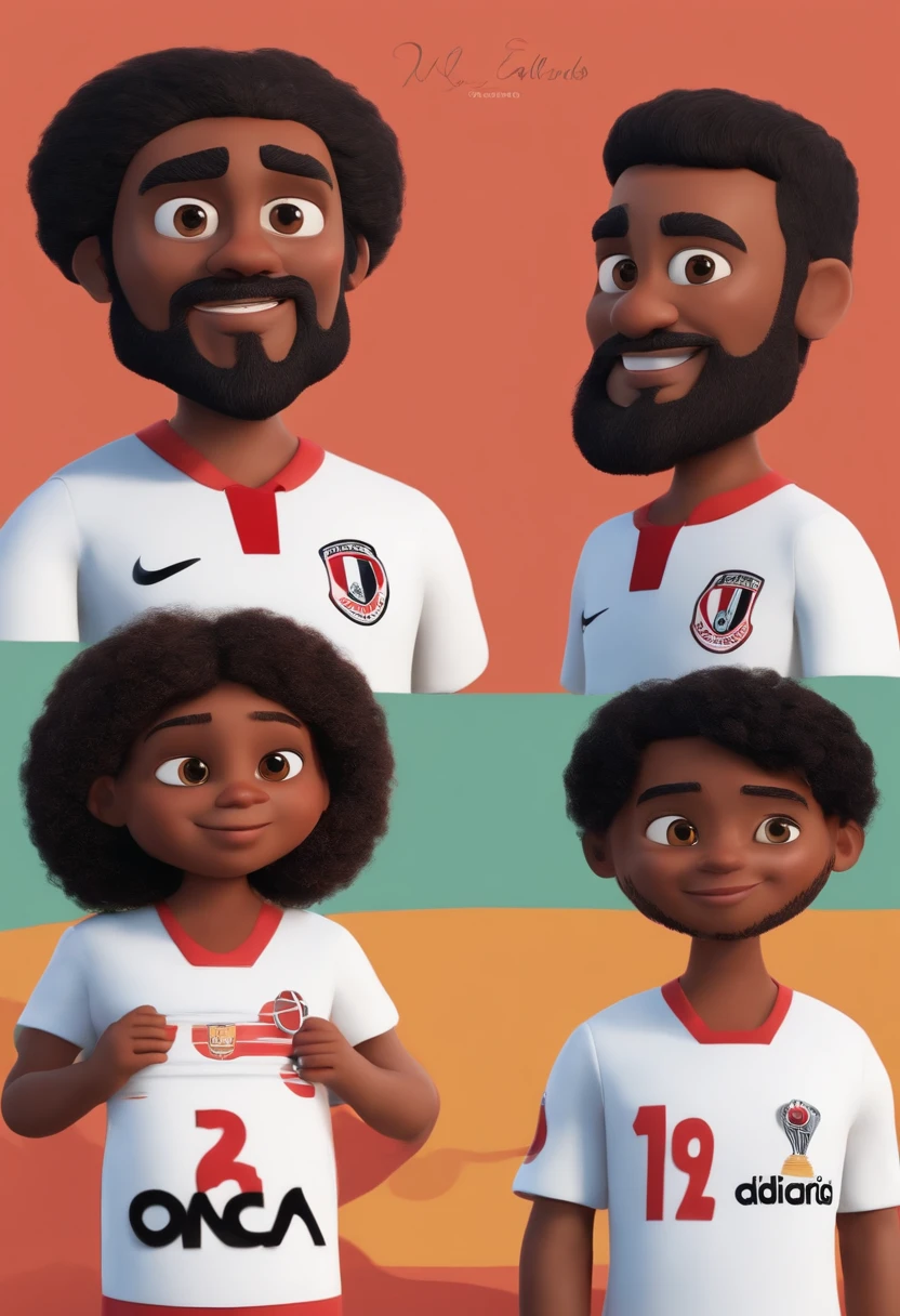 criar dois personagens estilo pixar, um adulto de 36 anos, 1,90 altas, cabelos e olhos castanhos, pele clara, skinny and with a beard on his face and a -yeld ch altas, olhos verdes, cabelos loiro escuro e pele clara. The two characters are dressed in the shirt of the São Paulo football club and the two characters are at the Morumbi stadium celebrating.