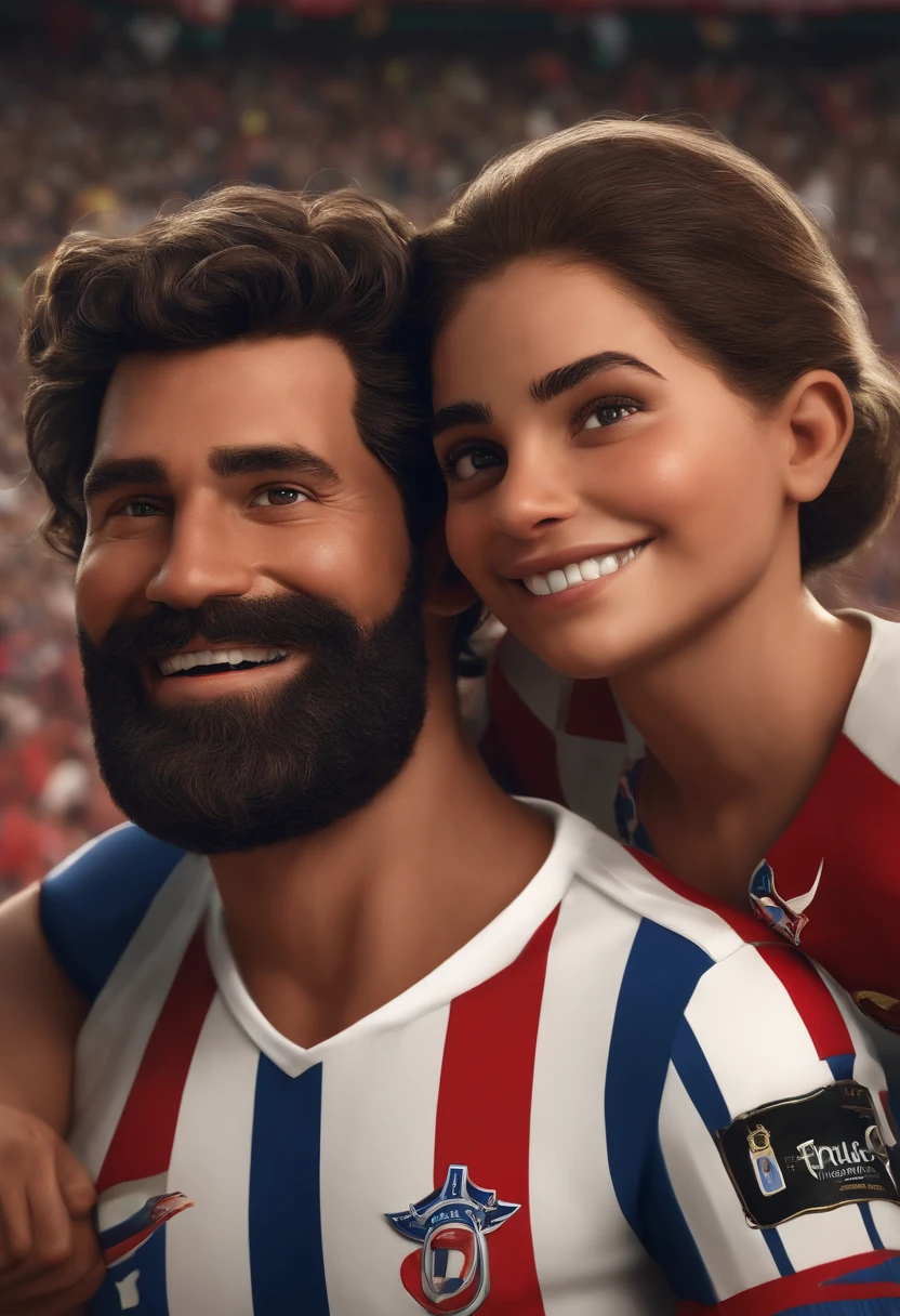 criar dois personagens estilo pixar, um adulto de 36 anos, 1,90 altas, cabelos e olhos castanhos, pele clara, skinny and with a beard on his face and a -yeld ch altas, olhos verdes, cabelos loiro escuro e pele clara. The two characters are dressed in the shirt of the São Paulo football club and the two characters are at the Morumbi stadium celebrating.