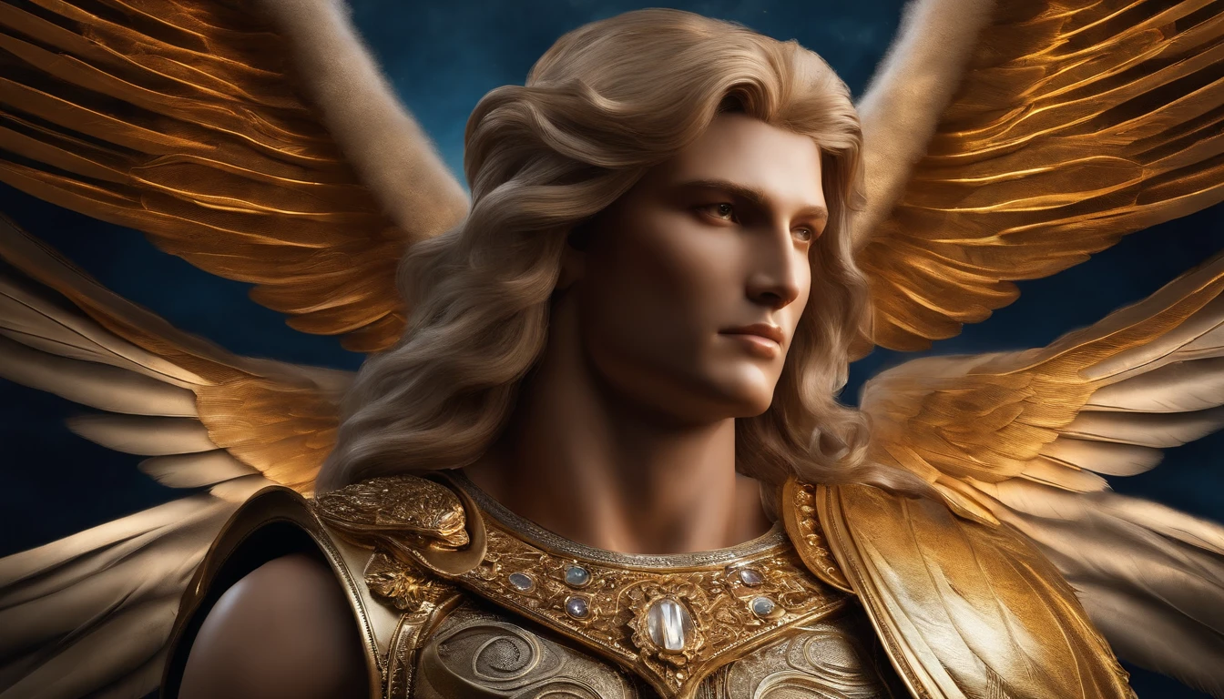 male character, The archangel Michael, Celestial image, intricate details, realistic, CRYSTAL and large wings, celestial background, Catholic illustrative image of the archangel Michael, Male character from the Bible, Michael is wearing his angelic armor, Maximum details and his face is STRONG and angelic wings, Perfect and realistic skin, Maximum image quality, Miguel stands out in the image with strong and attractive colors.