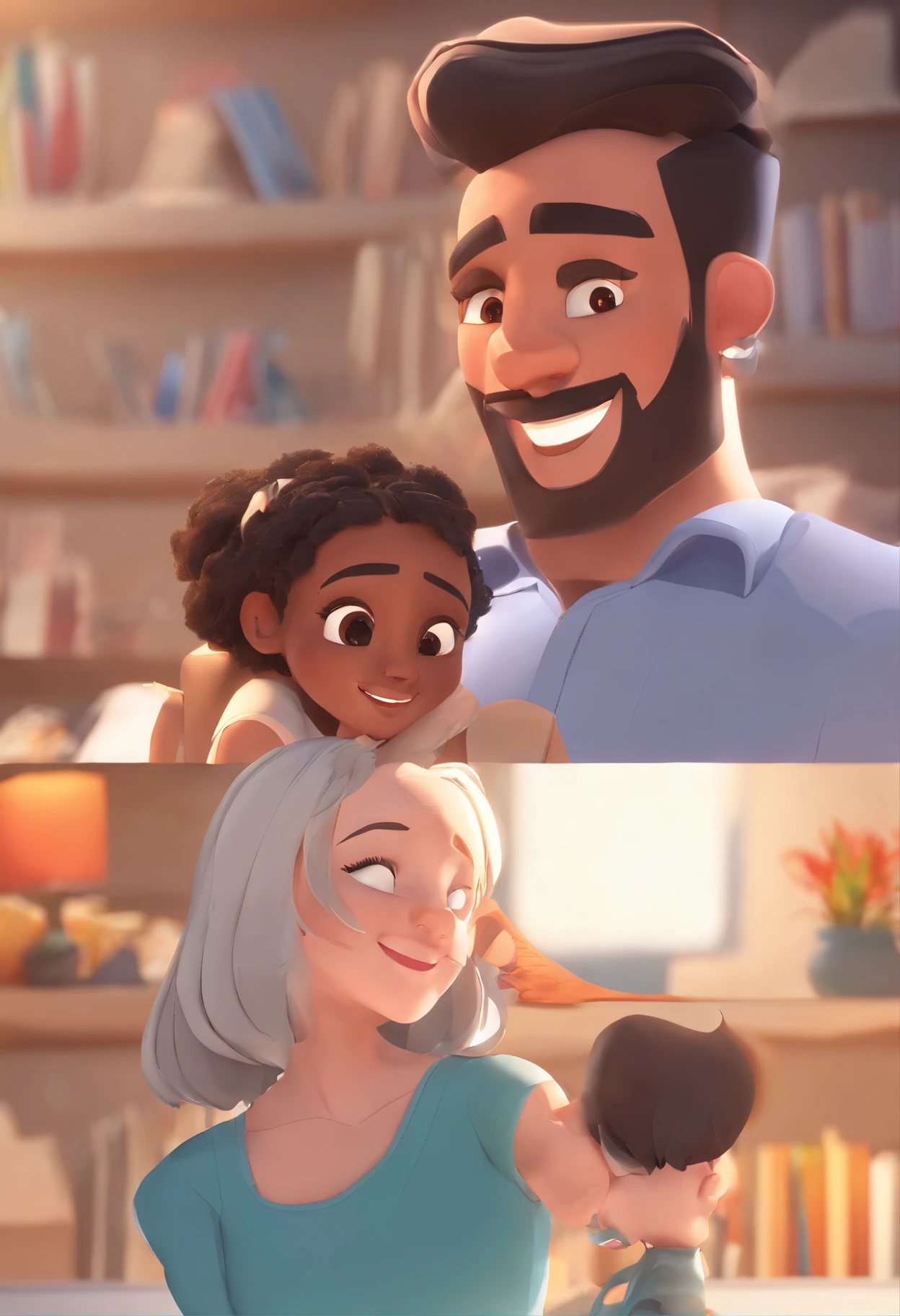 An illustration of an adorable couple, Destacando um homem branco e uma mulher negra cabelo liso, with beautiful expressive eyes – the man's skin is white and the man's hair is straight and black, while the woman's skin is black and the woman's hair is straight and brown. They are a bright room, cada um com um sorriso no rosto, e compartilhar um momento especial caracterizado pelo amor, Insights. Illustrate this scene from a perspective where they are facing the camera, Smiling and Showing Your Connection. Desenvolva esta arte em Full HD, Focus on your cinematic touch, Estilo Disney Pixar Animations