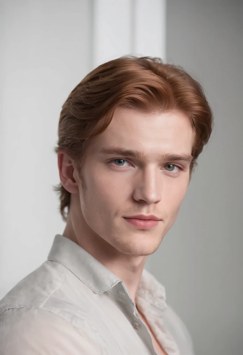 a white man in his 20s with a ginger mullet, gray eyes, defined jawline, defined chin, defined cheekbones, smooth face, close set gray double eyelid upturned eyes, arched eyebrows, small masculine lips, tall narrow nose, round long wide face, wearing an open ruffled victorian white shirt and high waist black pants and black leather boots