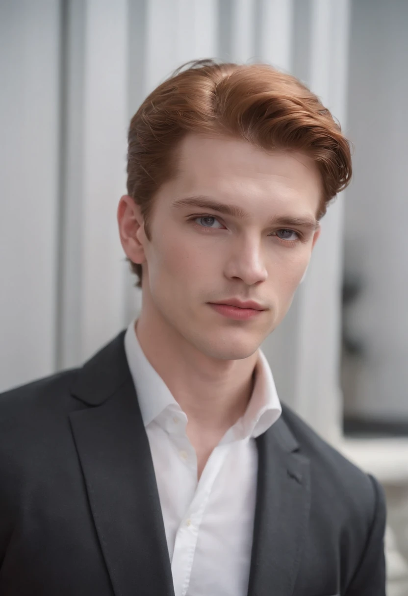 a white man in his 20s with a ginger mullet, gray eyes, defined jawline, defined chin, defined cheekbones, smooth face, close set gray double eyelid upturned eyes, arched eyebrows, small masculine lips, tall narrow nose, round long wide face, wearing an open ruffled victorian white shirt and high waist black pants and black leather boots