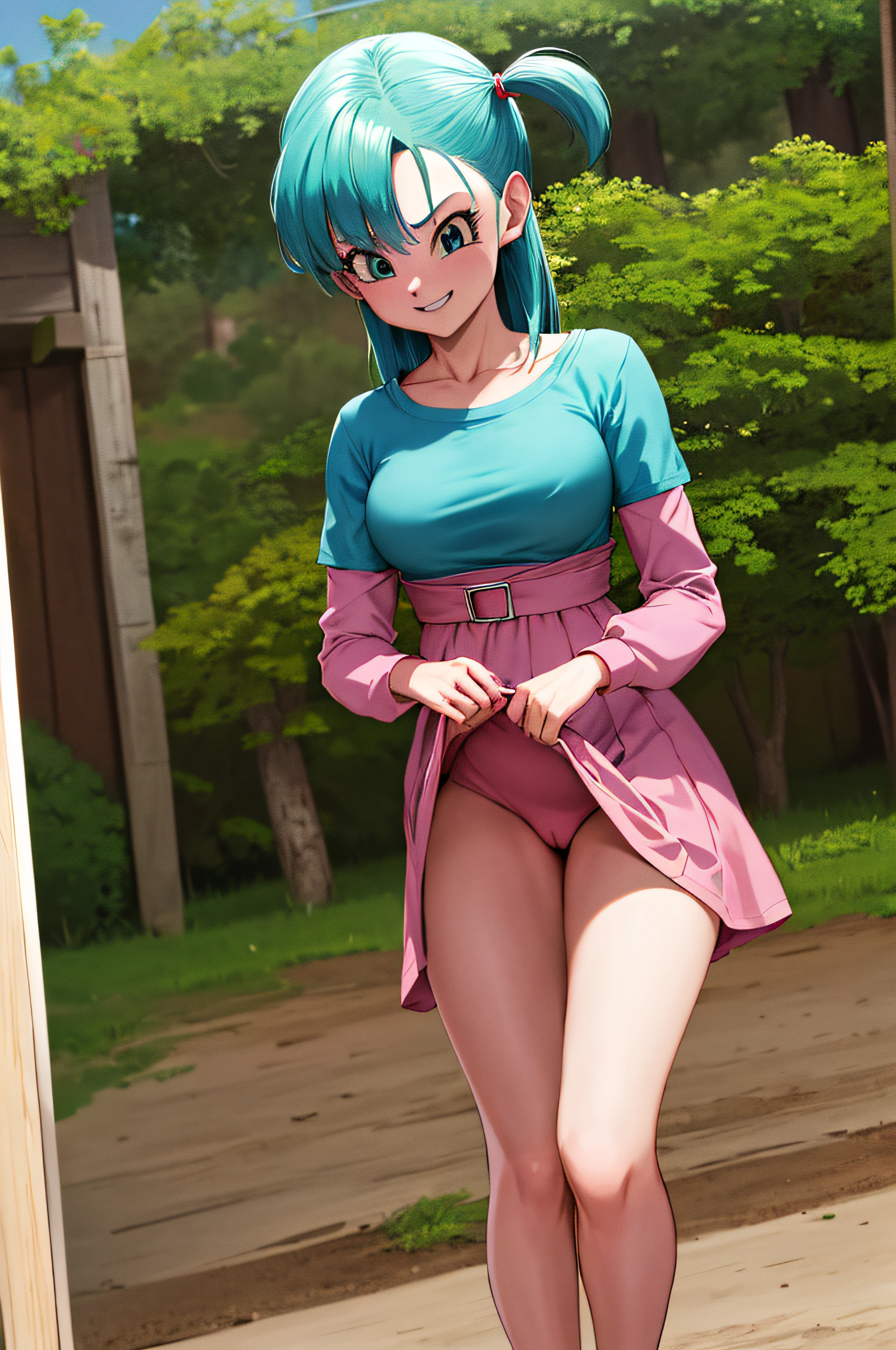 masterpiece, best quality, highres, dragon ball, blmsdup, bulma, aqua hair, one side up, pink dress, long sleeves, collarbone, medium breasts, outdoors, standing, cowboy shot, (dress lift:1.3), evil smile,