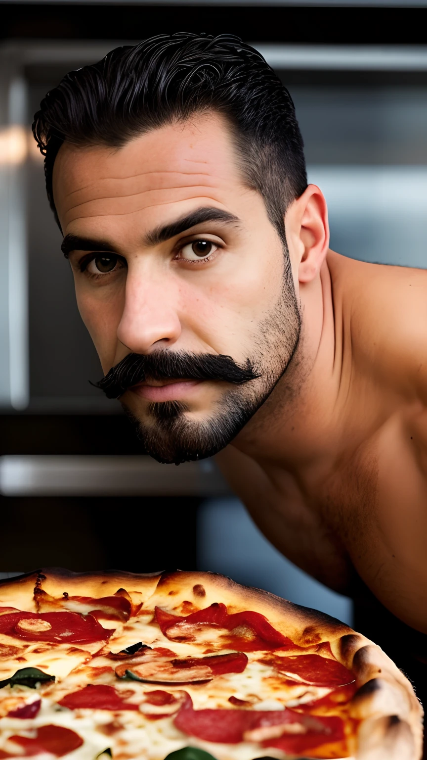 Pizzaiolo, montando uma pizza, alto, bigode moreno, atletic, 32 anos, cabelo mulets