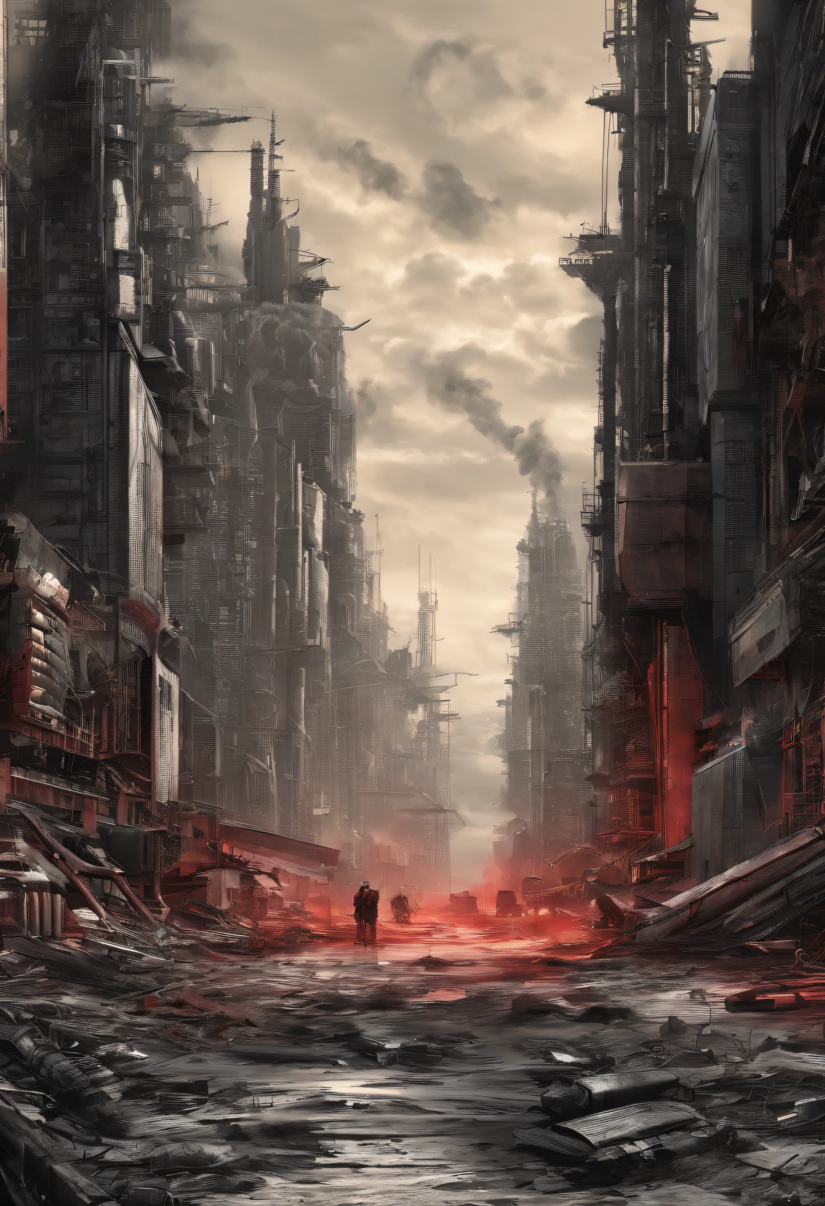 The end of the world,nuclear bomb,atomic bomb,H-bomb,Black red,wide angles,Look up,Big perspective,blasts,destroy