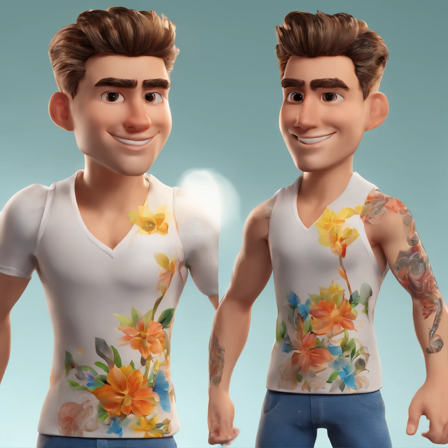 Claudio, 17 anos, Tattoo of flowers on the arm, cachorro yorkshire, sorridente, cabelos castanhos curto e liso, wears white sneakers, pele clara, body with some muscles