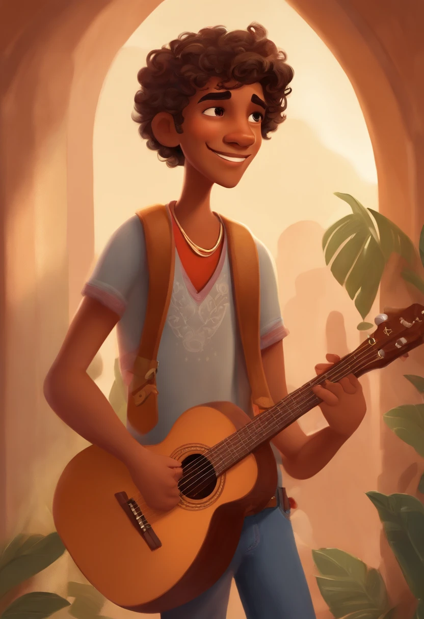 crie um banner no estilo Pixar. A boy with Indian features, moreno pardo com cabelos curtos, Castanhos escuros, Curly and slightly grayish appearance, mas jovem, usando uma camiseta, Wearing jeans and holding a classical guitar with 7 strings.
