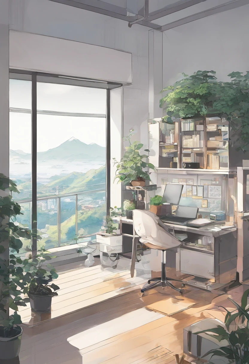 SNS Wallpapers、landscapes、no human figures、inside in room、Monotone and calm room、desk、window、a plant、PC、