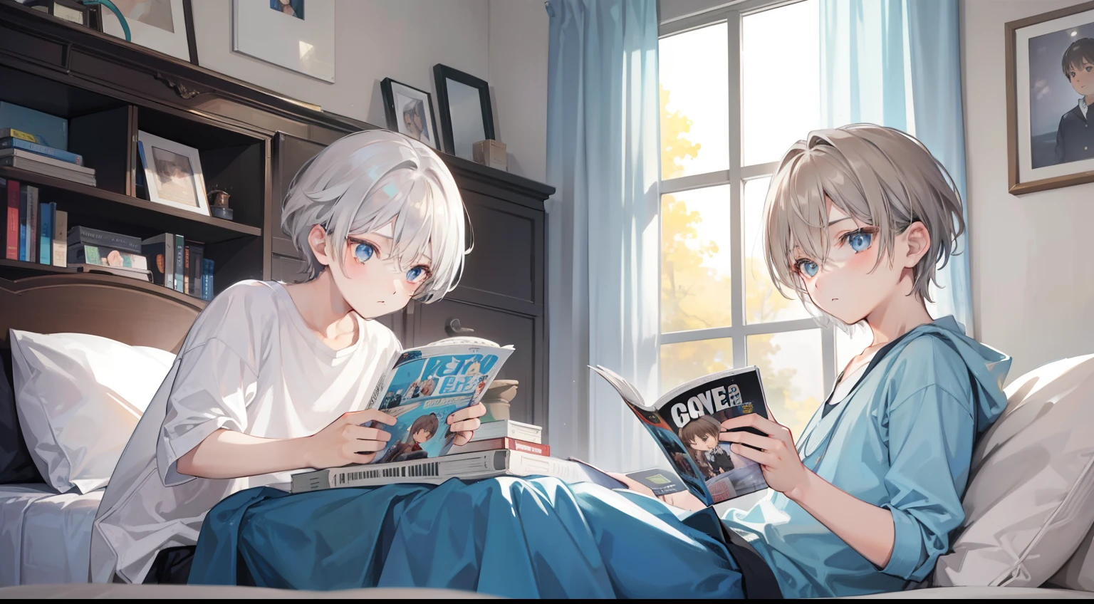 Two Boys, Silver-haired boy and brown-haired boy,Boy's room、Reading a magazine、Boys Love、Talking、hight resolution、ultra-detailliert