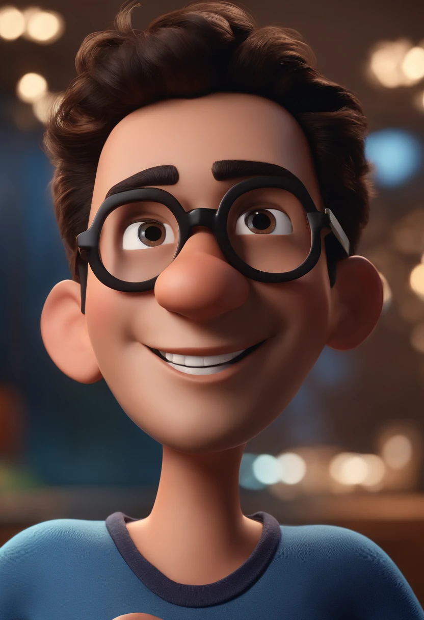 Cartoon character of a man with black glasses and a blue shirt, animation character, Caractere estilizado, animation style rendering, 3D estilizado, Arnold Maya render, 3 d render stylized, toon render keyshot, Personagem 3D, Personagem 3D, 3d rendering stylized, 3 d character render, personagem de desenho animado, Personagem de close up, Pose de personagem, (Estilo Pixar) (master part:1.2) (Bokeh) (best quality) (pele detalhada) (textura detalhada) (8k) (argila) (Cinematic lighting) (foco nítido