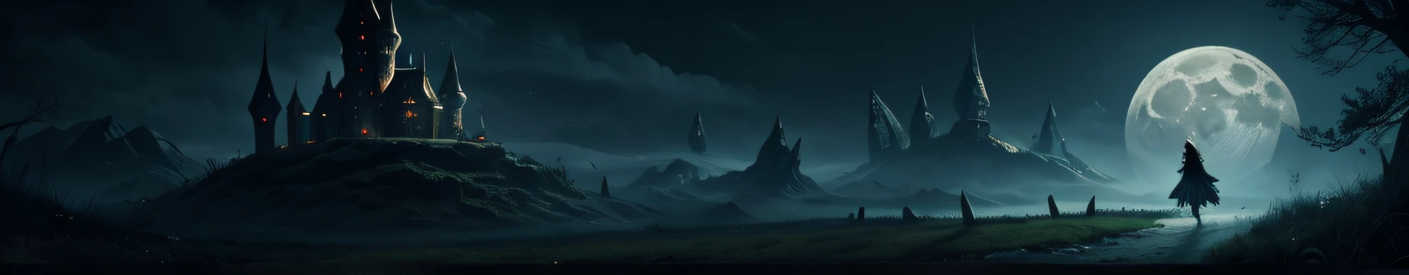 A YouTube channel banner for story telling channel(focuses on myths, fairy tales, and horror stories) , fantasy landscape, dark background, big moon at night,