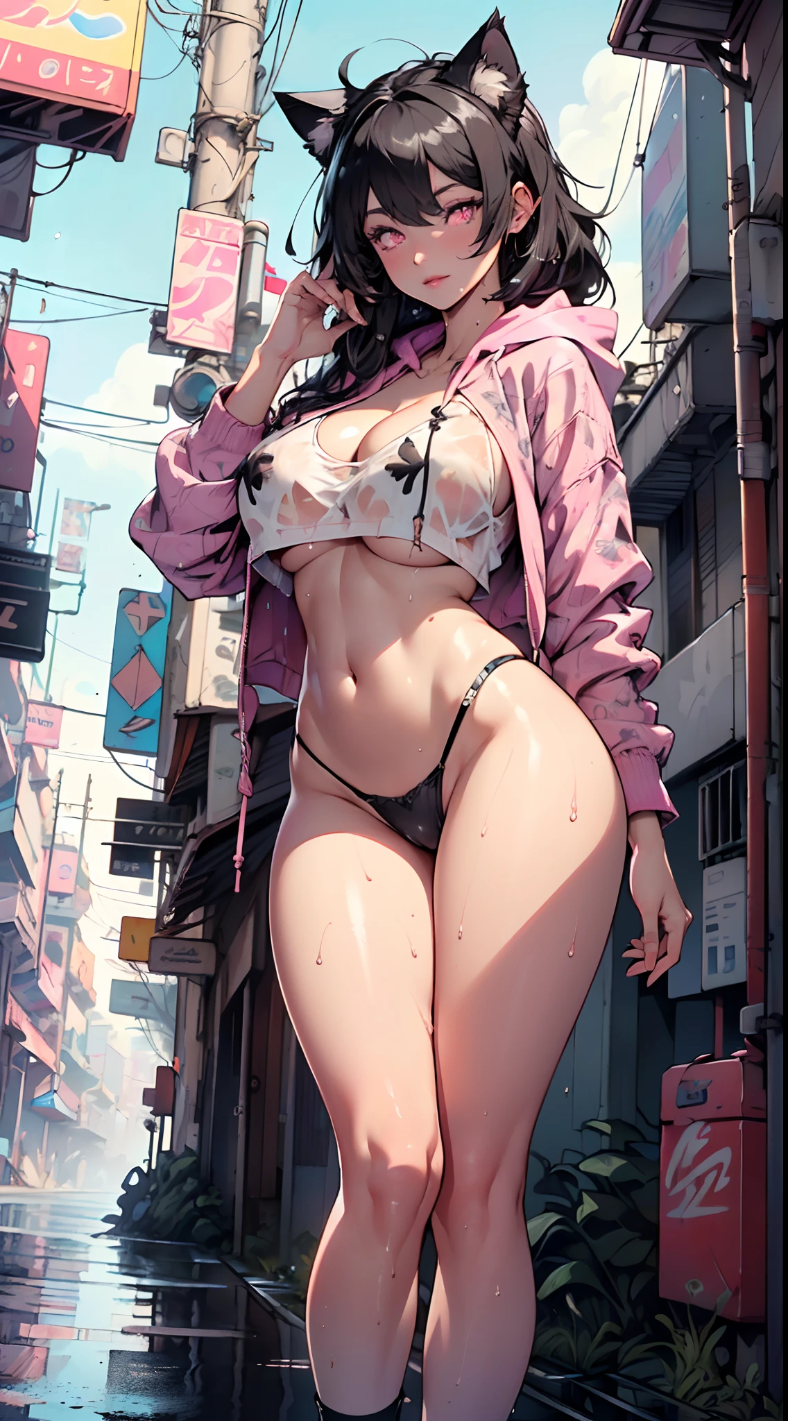 girl spacepunk,(1girl),((beautiful girl with cute cat ears)),
(large breasts:1.4),saggy breasts,((black hair,black messy hair,colored inner hair,long hair:1.5,absurdly long unkempt hair:1.35,long black hair,ear breathing,intricate cut hair)),((((cat ears,cat ears on head,big cat ears)))),(((neon_pink_eyes:1.3))),intricate eyes,beautiful detailed eyes,symmetrical eyes,((fat)),(((lustrous skin:1.5,bright skin: 1.5,skin tanned,shiny skin,very shiny skin,shiny body,plastic glitter skin,exaggerated shiny skin,illuminated skin,wet legs))),(spider lower abdomen,narrow waist,wide hip,athletic body,inflated legs,detailed body,(detailed face)),
cute,slutty,seductive,erotic,(((nsfw))),
(graffiti art in clothes),zettai ryouiki,revealing clothing,show skin,((((underboob)))),((cleavage)),(semi-naked,with little clothing),((tiny thong, armor thong intricate)),(large sport socks,visible thong straps,no bra),((underpants strap)),((((crop top hoodie,cropped hoodie,hoodie,hoodie intricate)))),(((wet clothes,intricate outfit,intricate clothes))),
(dynamic pose:1.0),solo focus,embarrassed,(centered,scale to fit dimensions,Rule of thirds),
cyberpunk city by the ocean at night, with bright neon signs and dark stormy clouds and puddles, scenery:1.25,nighttime, starry night, cosmos,
artistic photography,(photography taken by sldr),highres, sharp focus, (ultra detailed, extremely detailed), (photorealistic artwork:1.37),(extremely detailed CG unity 8k wallpaper),((synthwave background theme)),(((vibrant colors))),(intricate background),(masterpiece),(best quality),