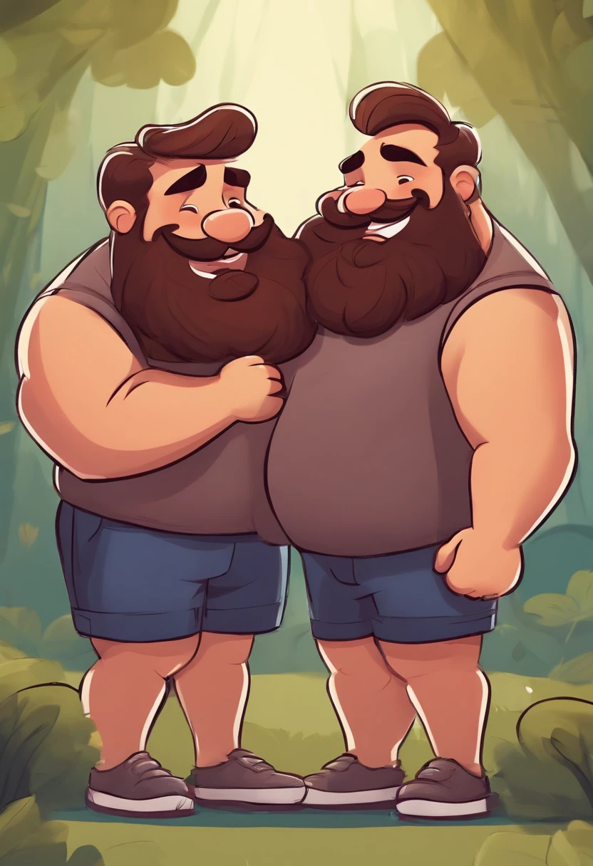 (sharp quality, 8k, High definition, Realistic:1.37), two men in trunks are standing next to each other, a photo by Joe Bowler, reddit, happening, dad bod, strong fat bacchanalian body, very hairy bodies, three hairy fat cave people, fat belly, hairy bodies, peter griffin body type, robust stocky body, 45 years old men, morbidly obese, very buff, beefy, big dick