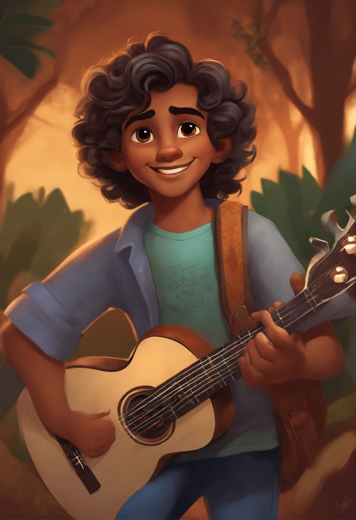 crie um banner no estilo Pixar. A boy with Indian features, moreno pardo com cabelos curtos, Castanhos escuros, Curly and slightly grayish appearance, mas jovem, usando uma camiseta, Wearing jeans and holding a classical guitar with 7 strings.