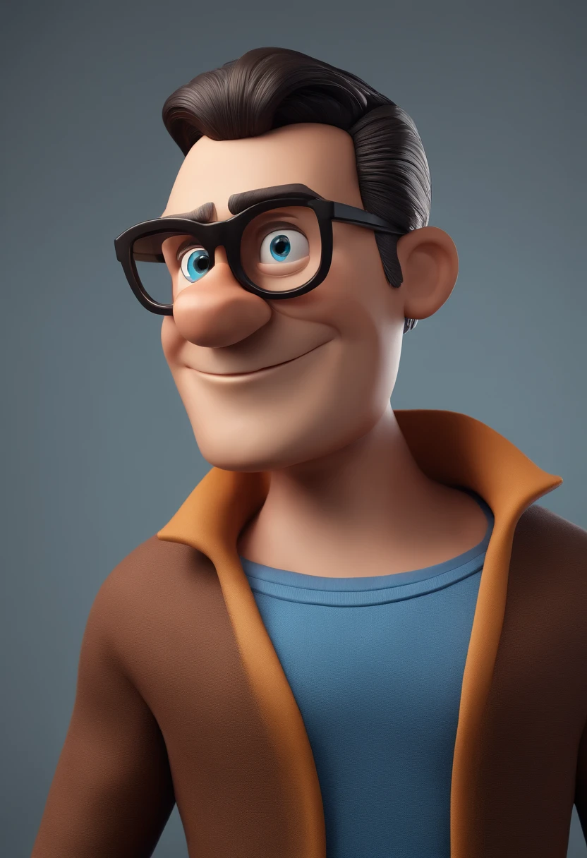 Cartoon character of a man with black glasses and a blue shirt, animation character, Caractere estilizado, animation style rendering, 3D estilizado, Arnold Maya render, 3 d render stylized, toon render keyshot, Personagem 3D, Personagem 3D, 3d rendering stylized, 3 d character render, personagem de desenho animado, Personagem de close up, Pose de personagem,  (Estilo Pixar) (master part:1.2) (Bokeh) (best quality) (pele detalhada) (textura detalhada) (8k) (argila) (Cinematic lighting) (foco nítido