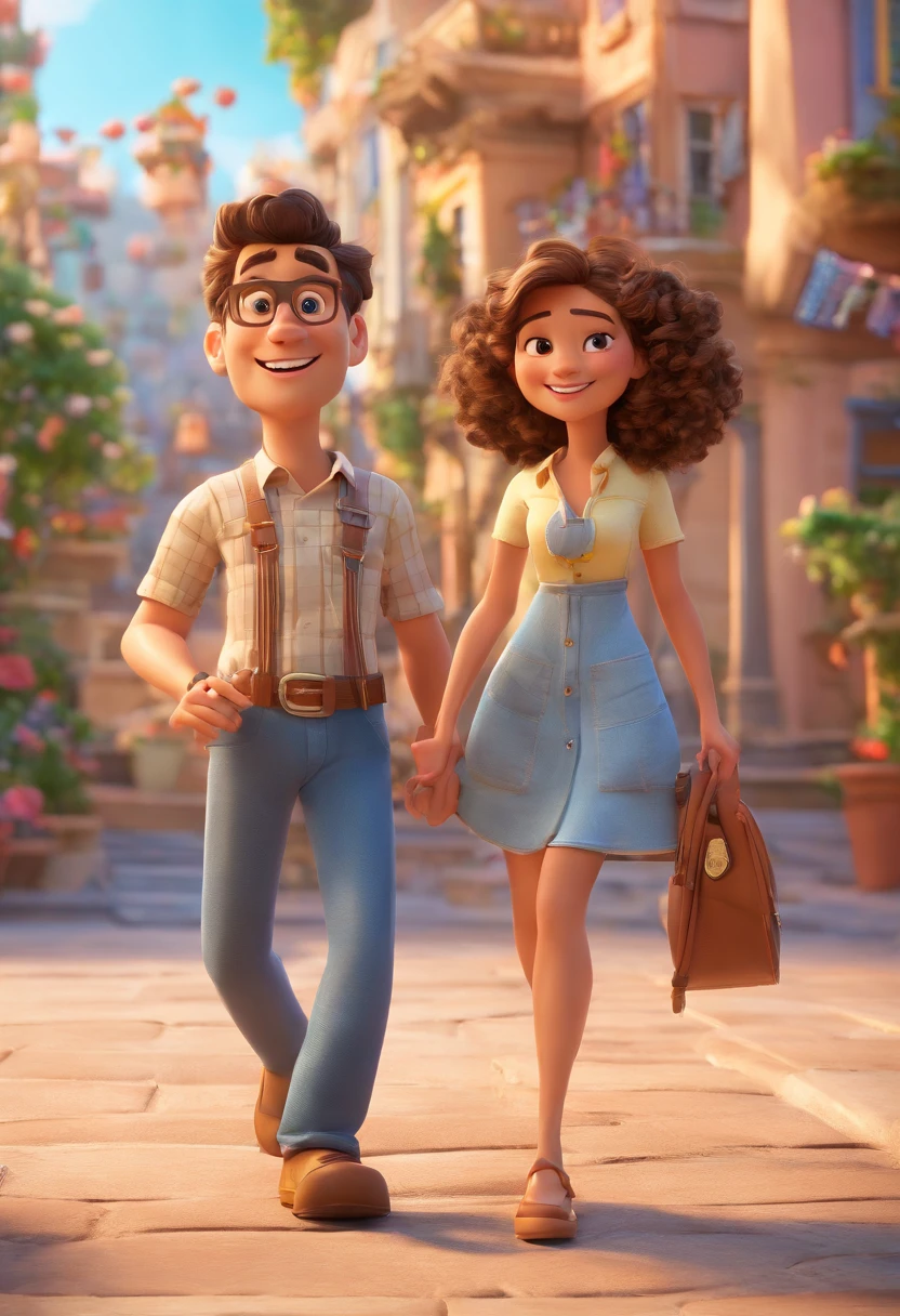 Cartoon of couple having fun on vacation together, 3D Animation Movie Poster, Poster de filme animado, pixar 3 d animation style, pixar renderman rendering, maia 8 mil, animated film, Disney Pixar Estilo 3D, amigos felizes saem juntos, all wearing light blue shirts and cream brown long pants, camisa azul clara, cream brown pants, ao ar livre, vacation, Disney Pixar Animation Poster