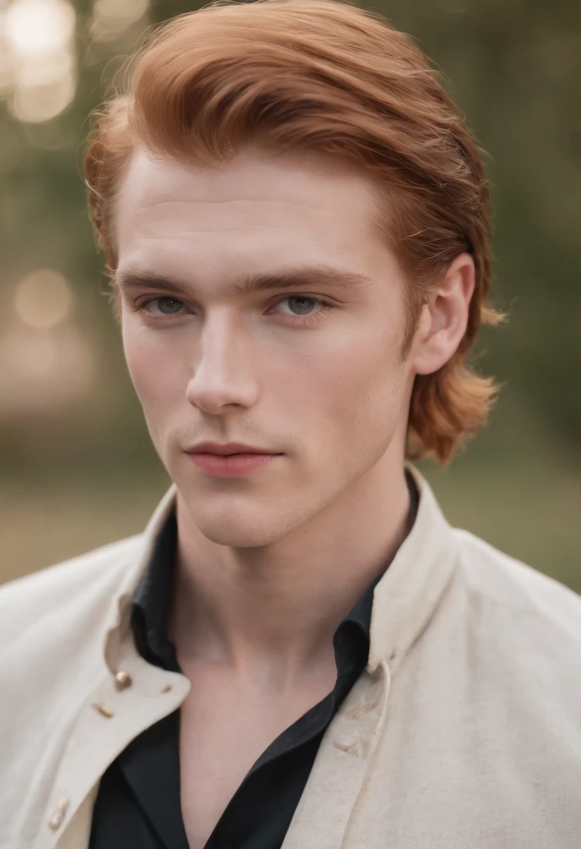 a white handsome man in his 20s with a ginger mullet, defined jawline, defined chin, defined cheekbones, smooth face, close set gray double eyelid upturned eyes, arched eyebrows, small masculine lips, tall narrow nose, round long wide face, wearing an open ruffled white shirt and high waist black pants and black leather boots, Victorian fashion
