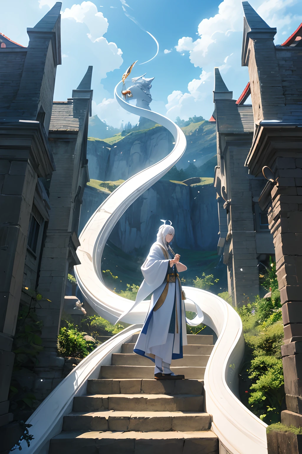 The White Snake theme does not have a character illustration style, And then the White Snake God appears，Spiritual Essence，divine radiance，Against the backdrop of a clear sky，Step into a fantasy world