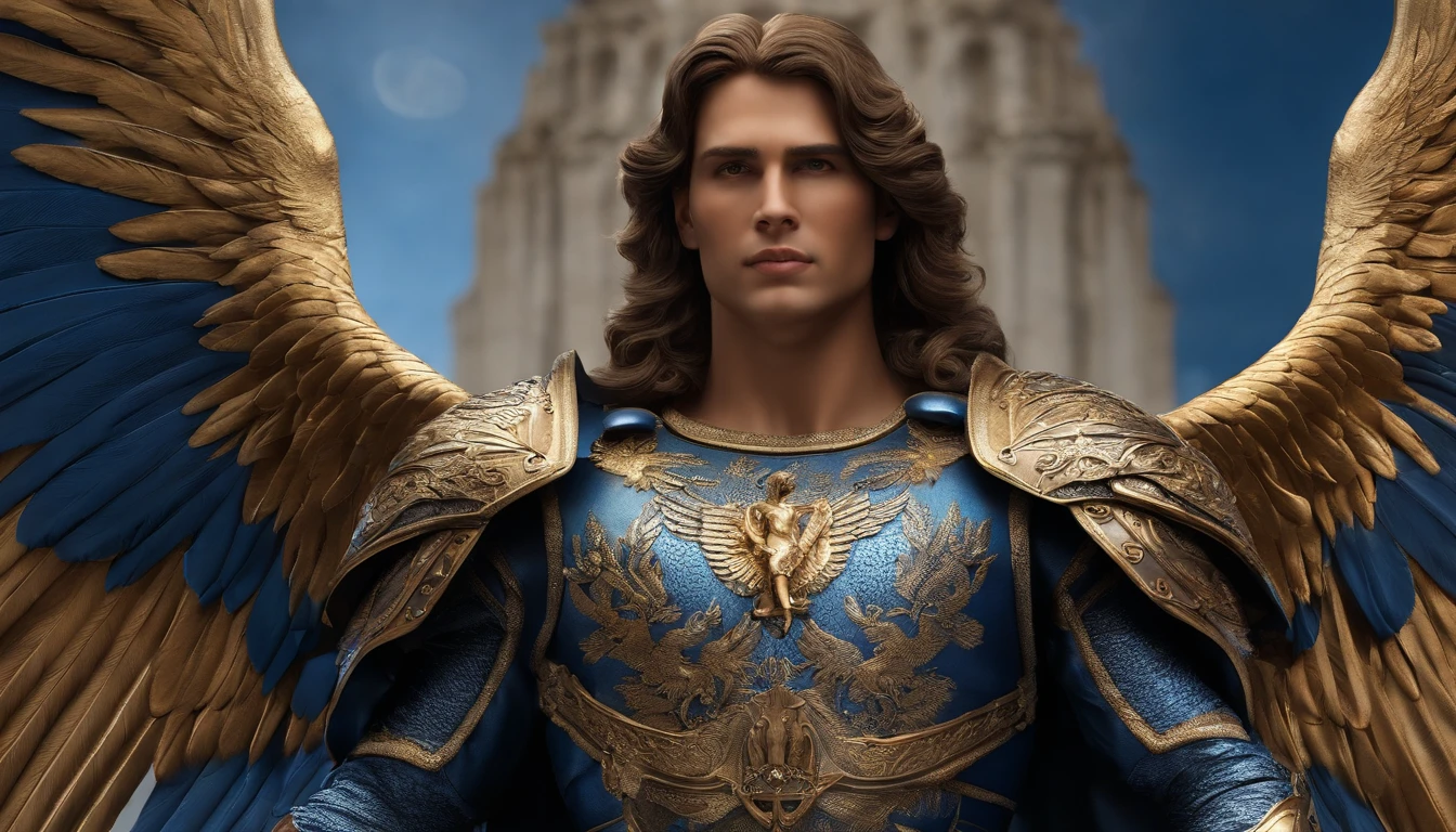 male character, The archangel Michael, Celestial image, intricate details, realistic, BLUE and large wings, celestial background, Catholic illustrative image of the archangel Michael, Male character from the Bible, Michael is wearing his angelic armor, Maximum details and his face is STRONG and angelic wings, Perfect and realistic skin, Maximum image quality, Miguel stands out in the image with strong and attractive colors.