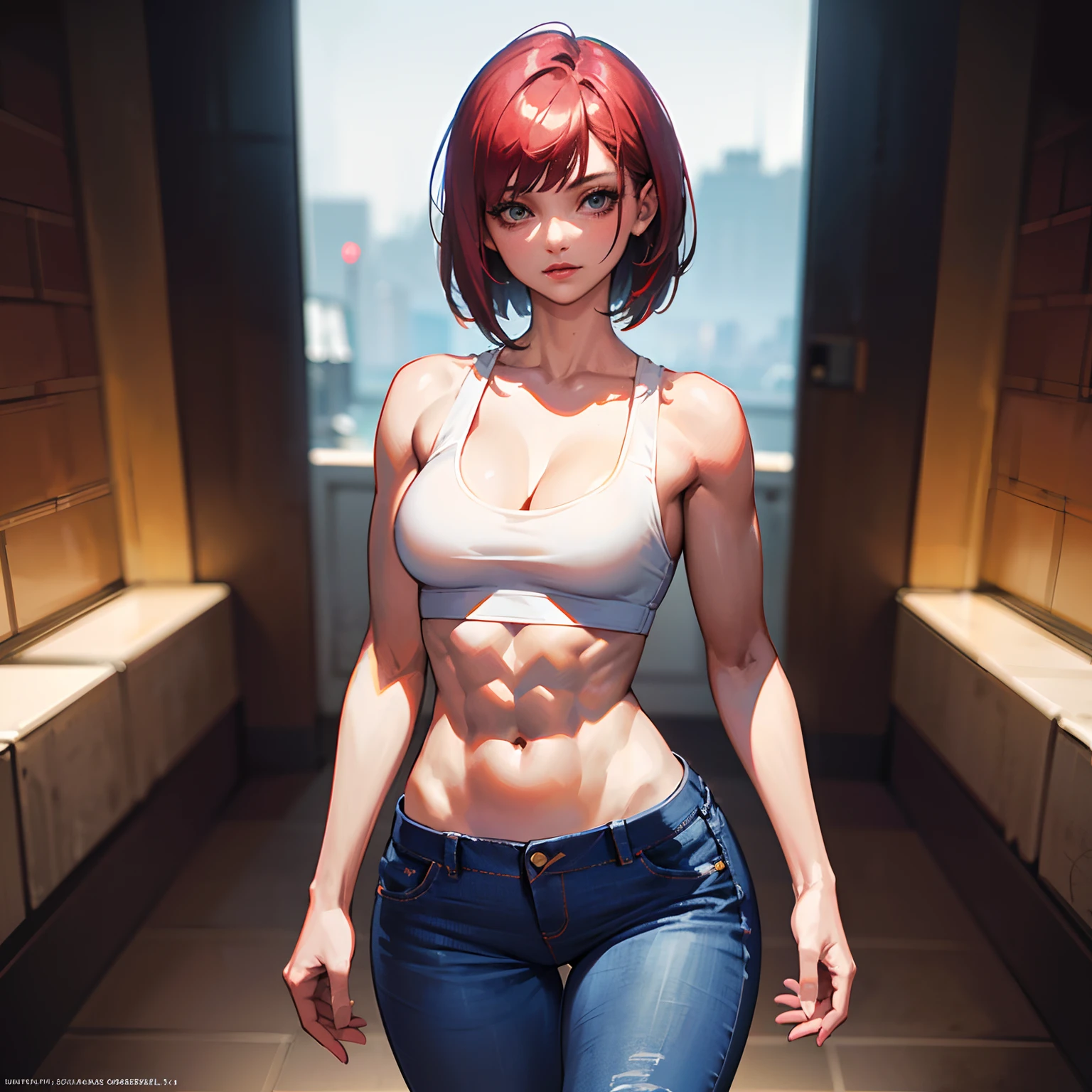 Super sexy Maria wearing (low cut skinny (flared jeans)), (tank top with neckline visible (white crop top: 1.5)), tights, bob cut red hair, photorealistic, photorealistic, (high resolution), (photorealistic: 1.4), (very complex), (exquisitely detailed), very detailed, high resolution, original, highly detailed 8K wallpaper, Top Quality, Detailed Face, Super Detailed, Raw Photo, Realistic, (Thigh Gap: 1.5), abs, muscles